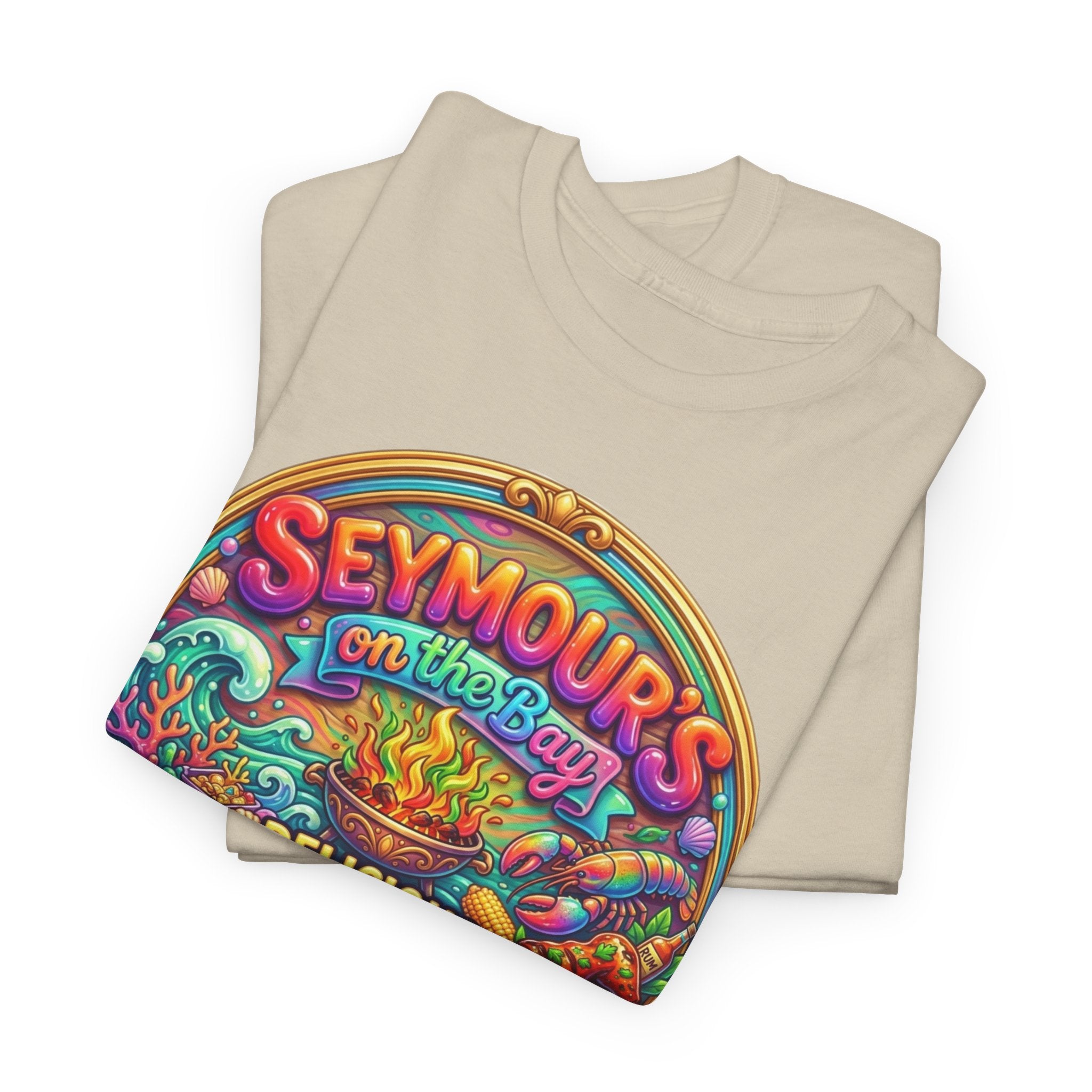 Caribbean BBQ & Seafood Tee — “Seymour’s” Vibrant Island Food Graphic T-Shirt