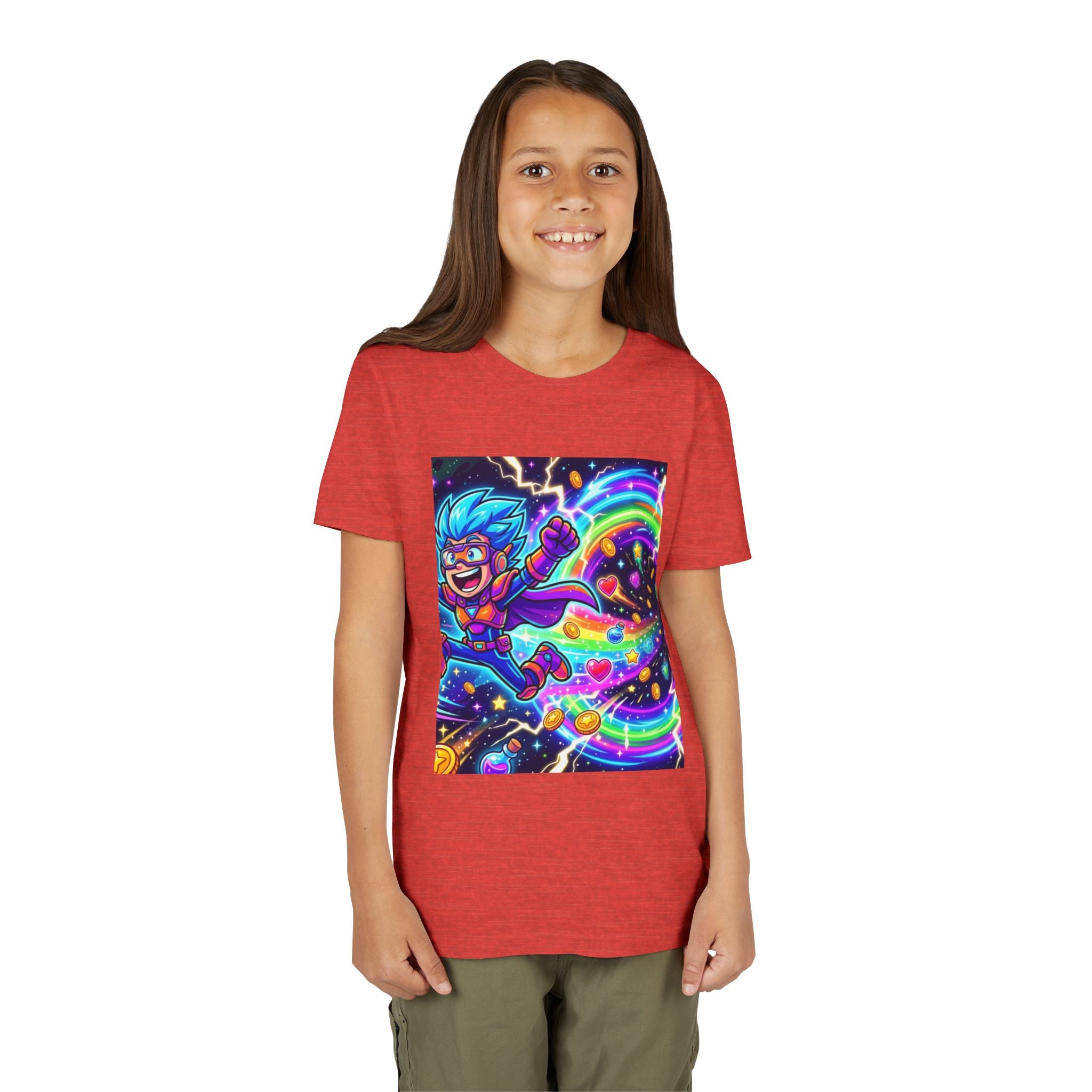 Retro Pixel Explosion Youth Tee — Smiling Avatar, Hearts, Gems & Controllers