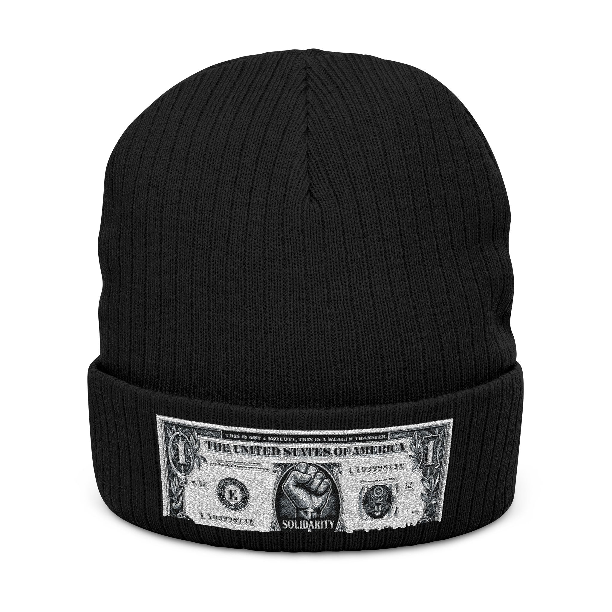 Embroidered Money Patch Ribbed Beanie - Streetwear Cash Cuff Hat