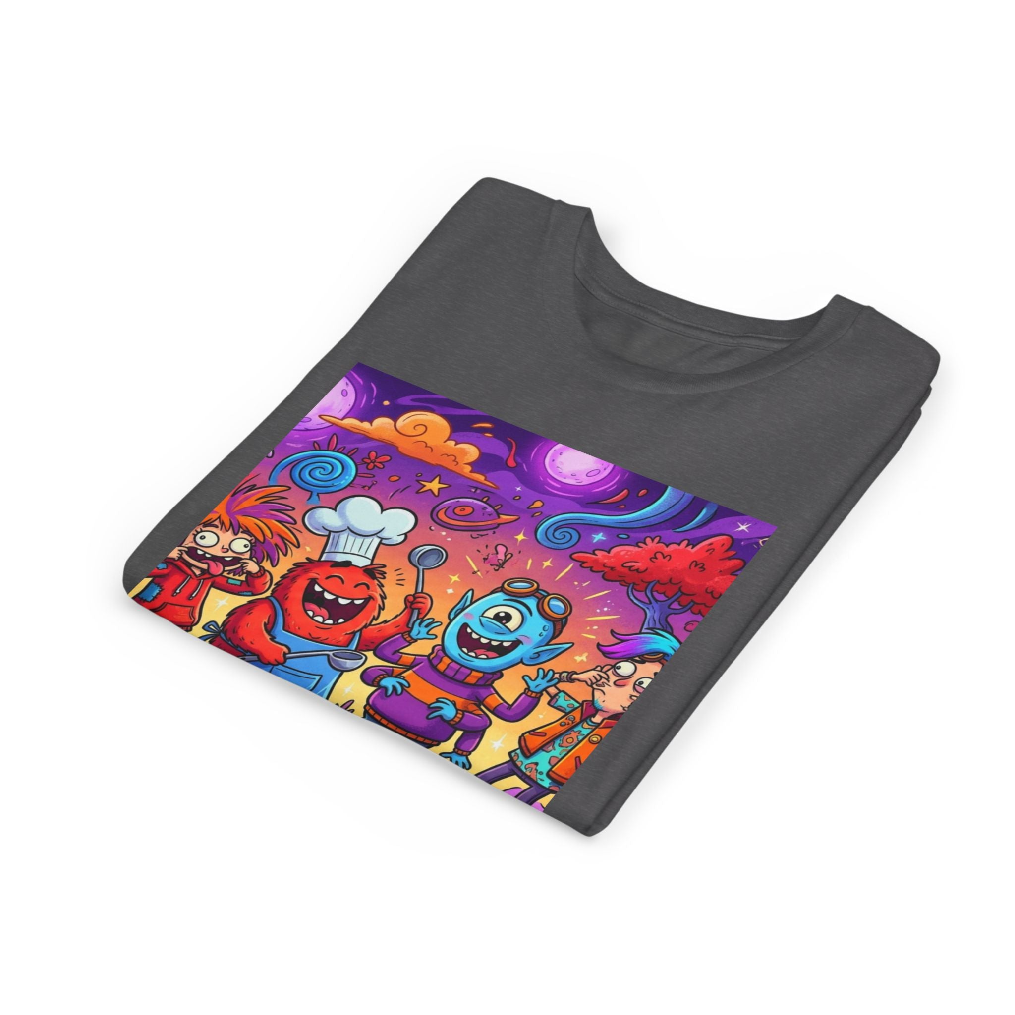 Funny Character Crew Youth Tee — Colorful Crazy Faces Graphic