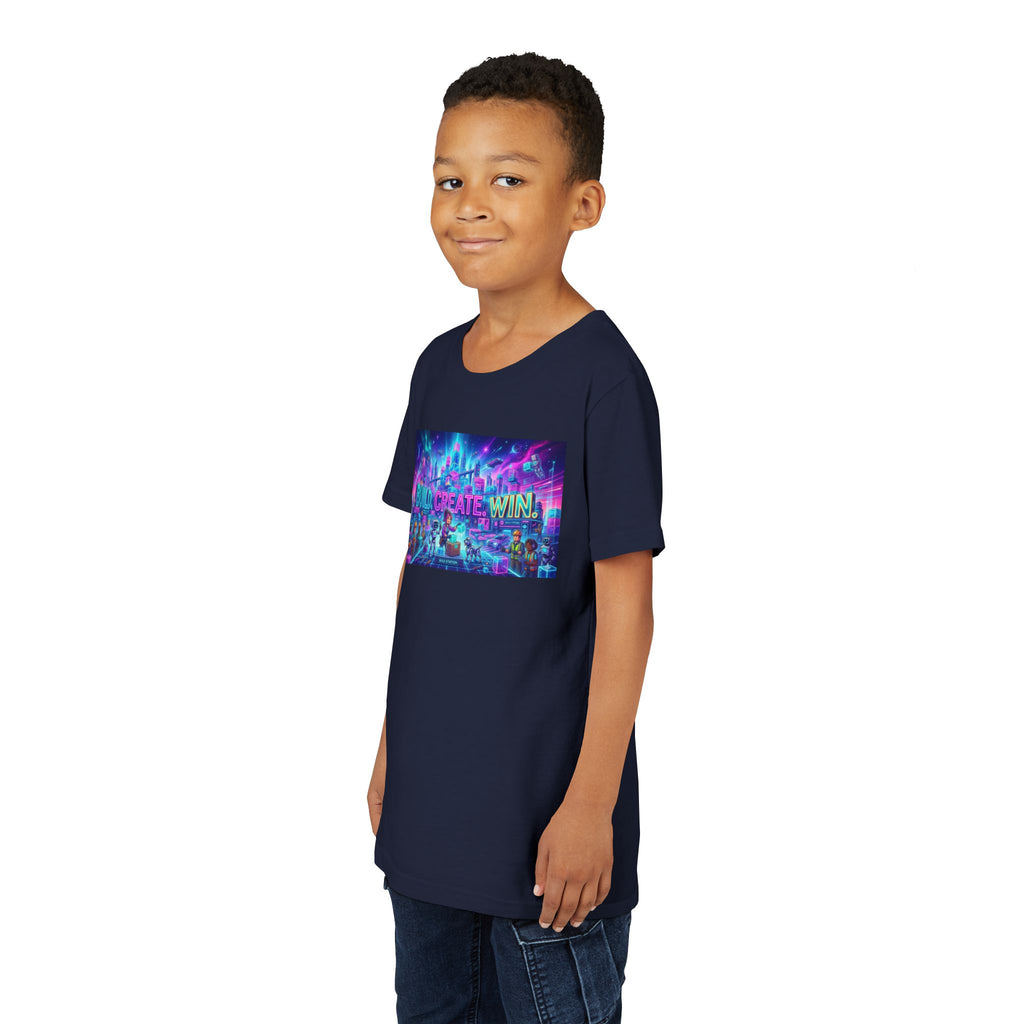 Youth Tee — “BUILD. CREATE. WIN.” Neon Builder City Design