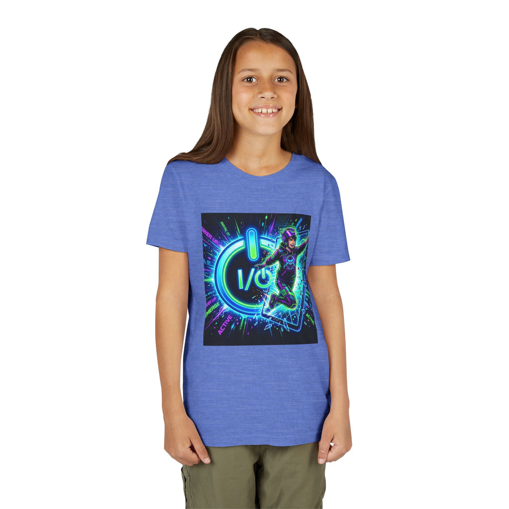 Neon Power Button Tee — Gamer Screen Escape Youth T-Shirt