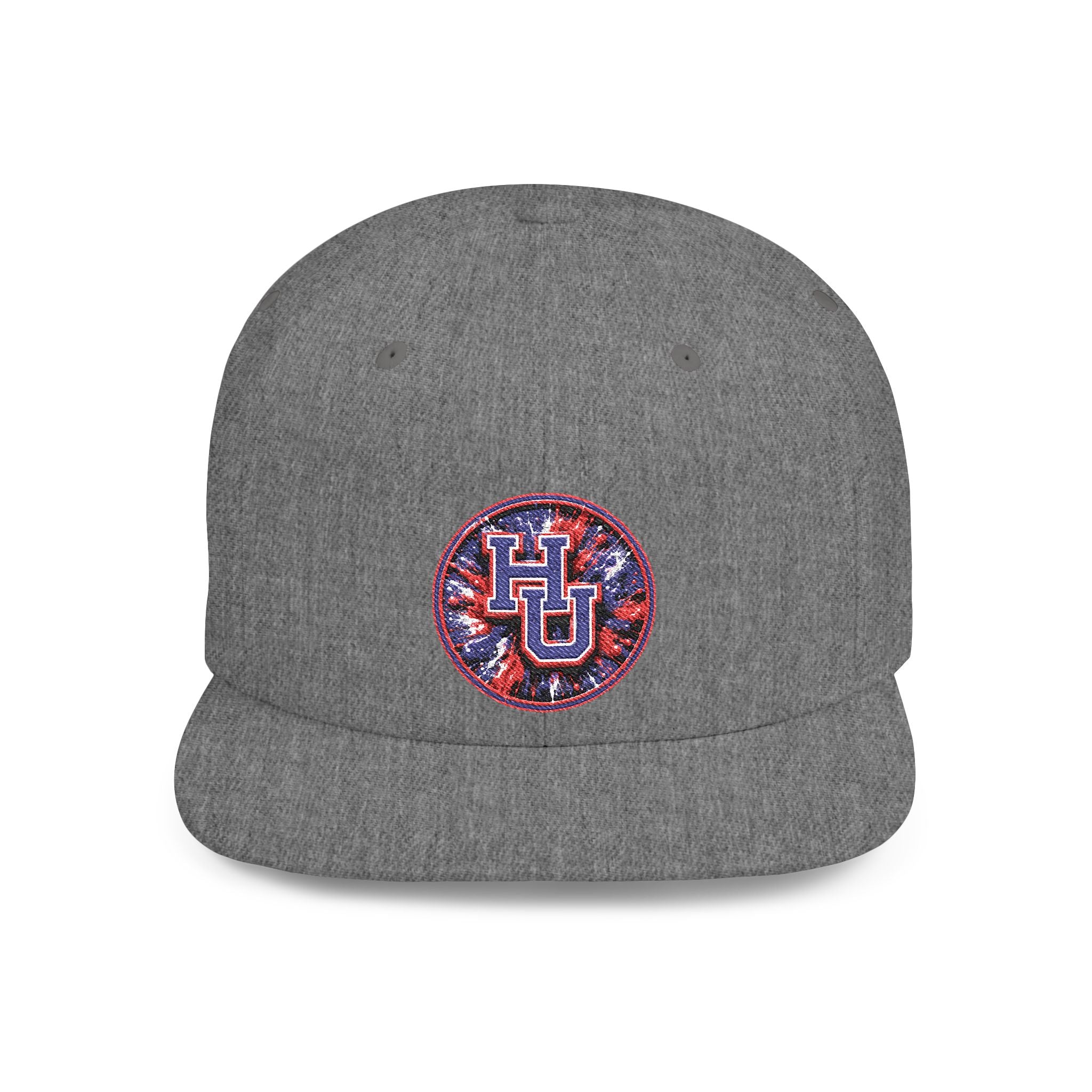 HU Logo Flat Bill Snapback Hat — Red & Blue Sequin Patch Cap