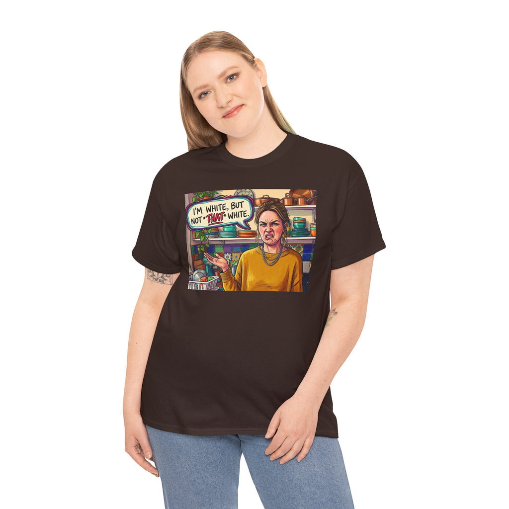 Graphic Tee — "I'm White, But Not THAT White" Illustration with Back Raised Fist Logo