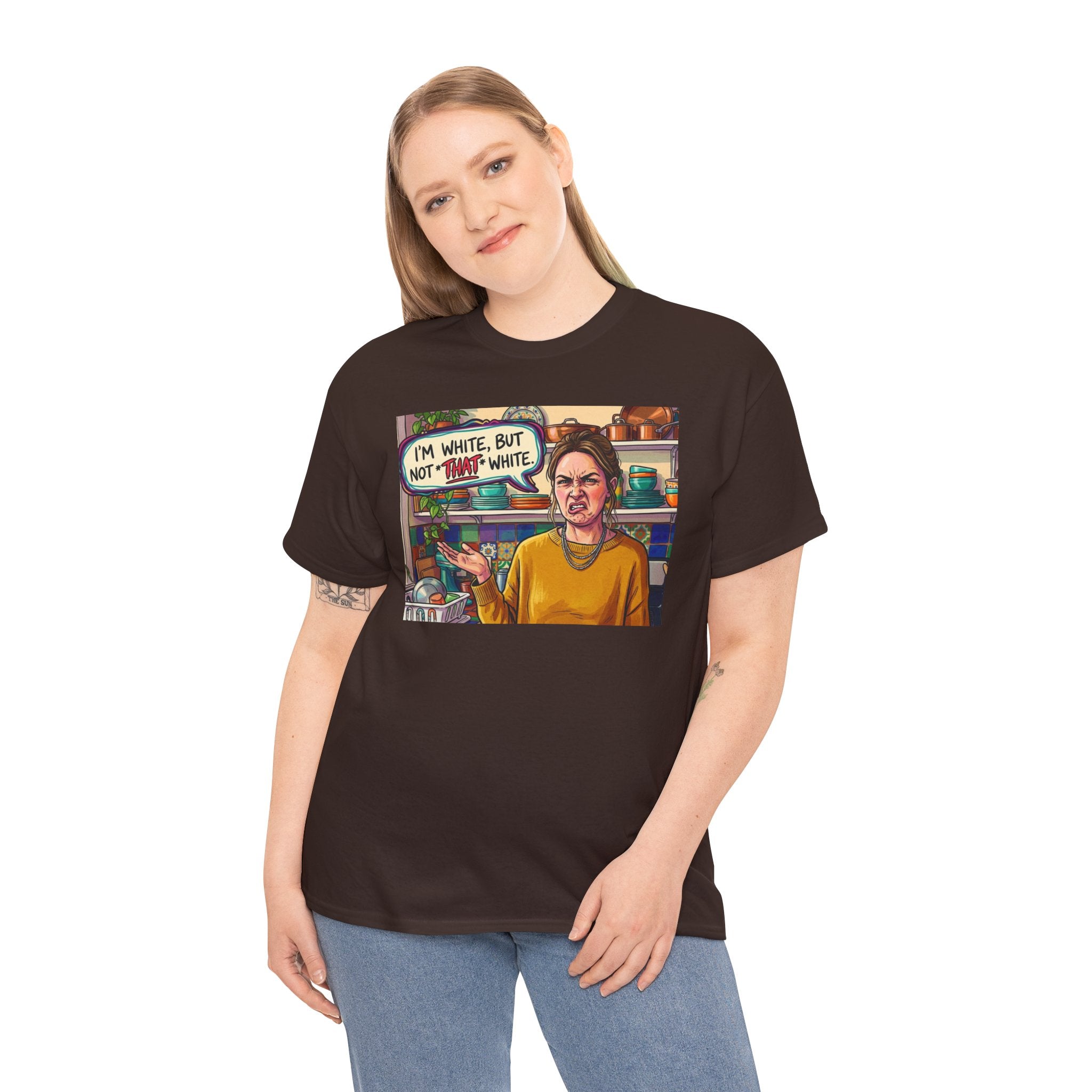 Graphic Tee — "I'm White, But Not THAT White" Illustration with Back Raised Fist Logo