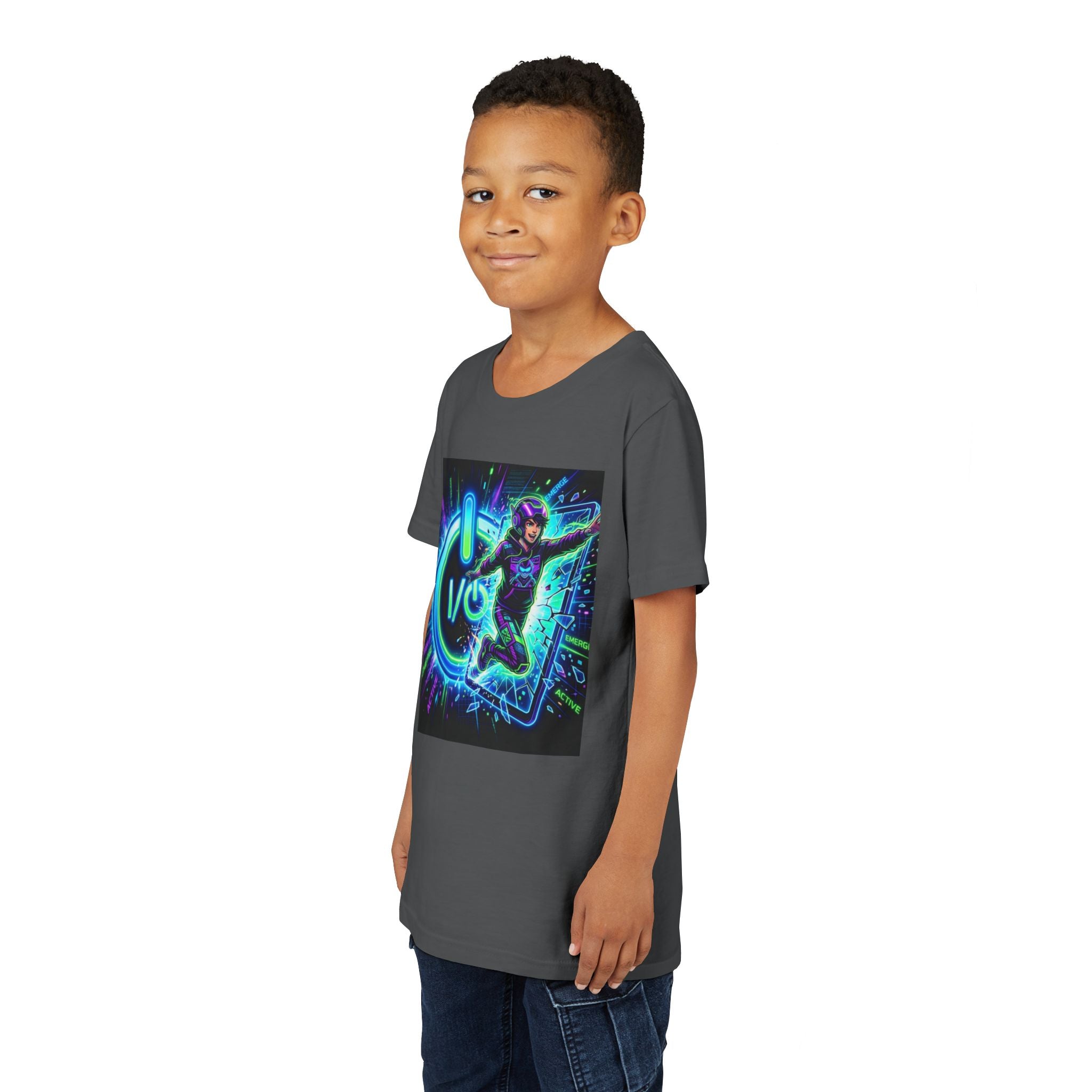 Neon Power Button Tee — Gamer Screen Escape Youth T-Shirt