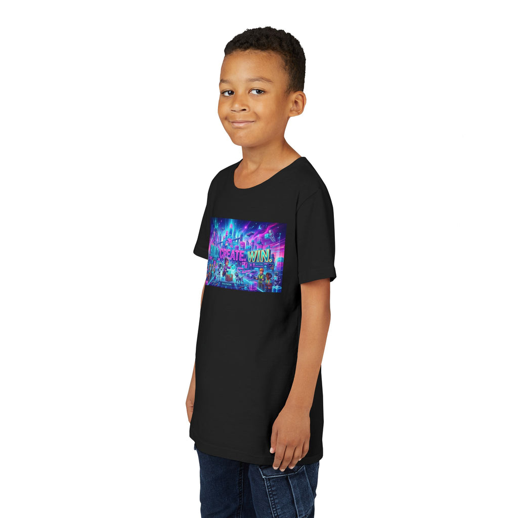 Youth Tee — “BUILD. CREATE. WIN.” Neon Builder City Design