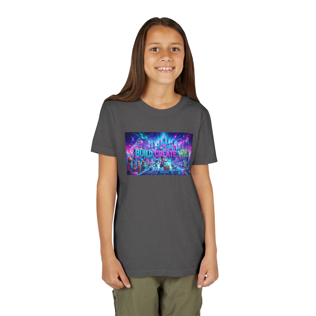 Youth Tee — “BUILD. CREATE. WIN.” Neon Builder City Design