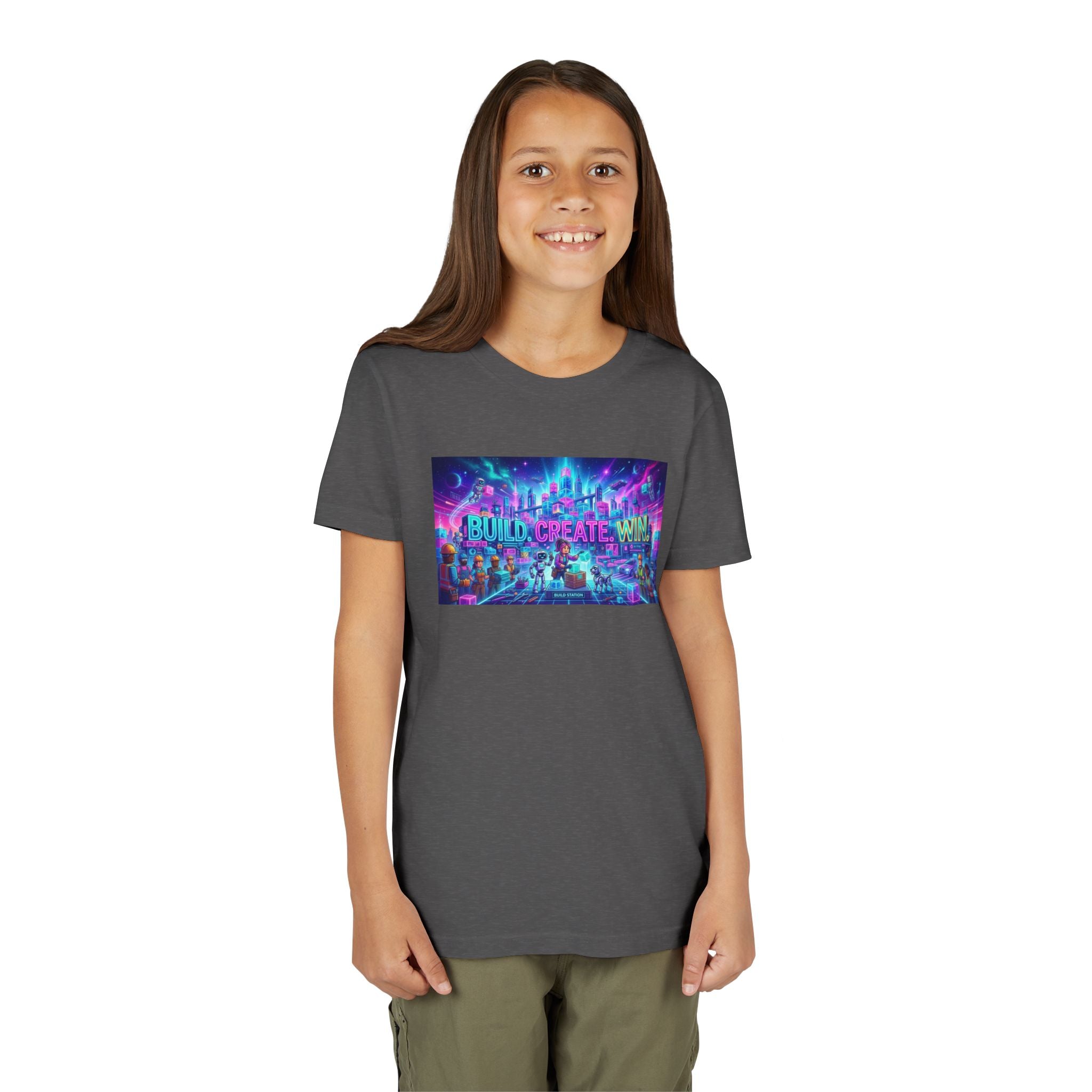 Youth Tee — “BUILD. CREATE. WIN.” Neon Builder City Design