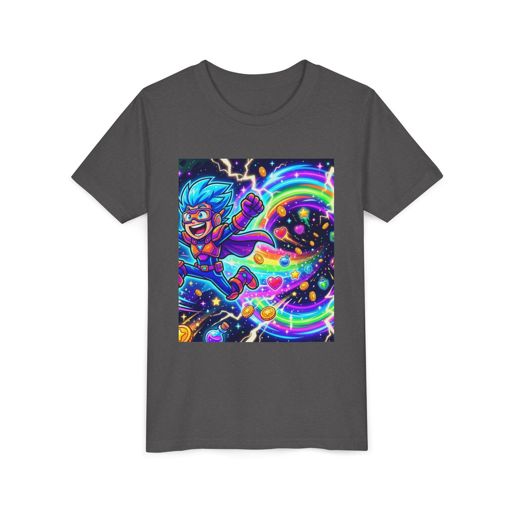 Retro Pixel Explosion Youth Tee — Smiling Avatar, Hearts, Gems & Controllers
