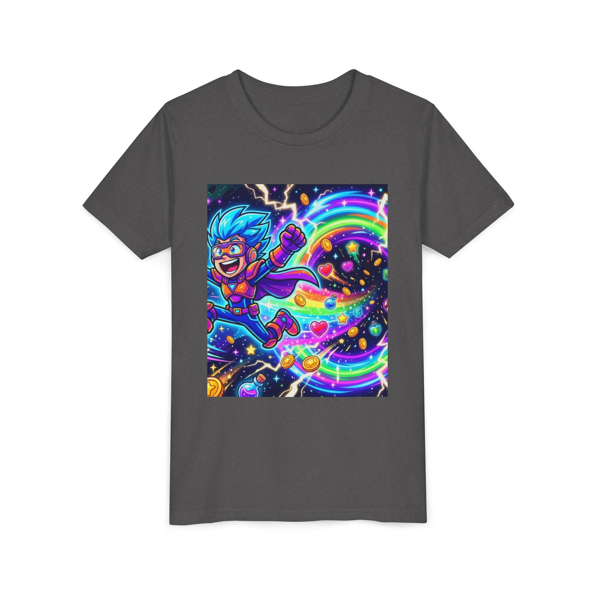 Retro Pixel Explosion Youth Tee — Smiling Avatar, Hearts, Gems & Controllers