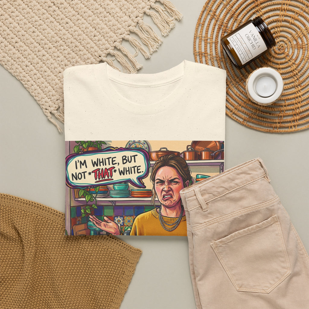 Graphic Tee — "I'm White, But Not THAT White" Illustration with Back Raised Fist Logo