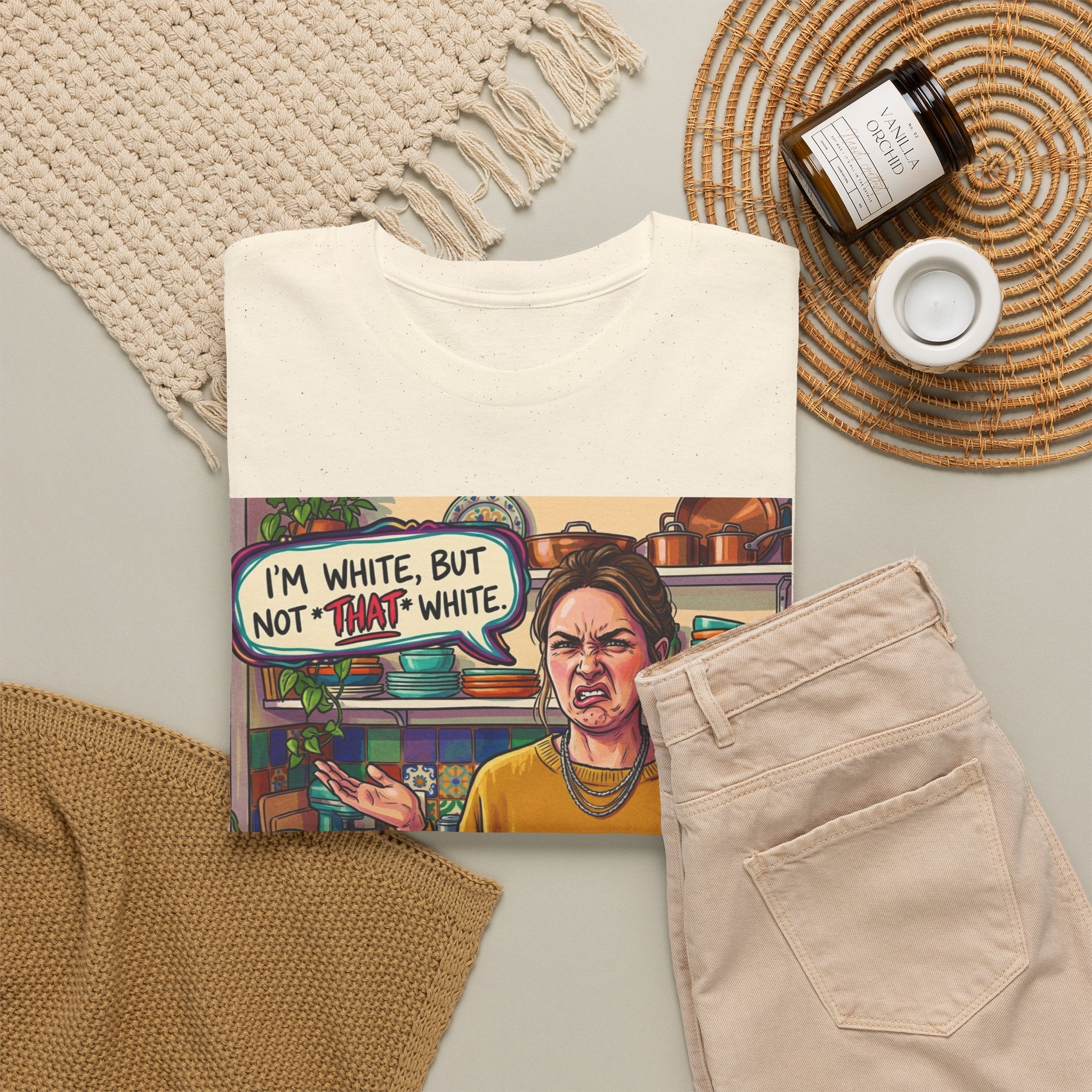 Graphic Tee — "I'm White, But Not THAT White" Illustration with Back Raised Fist Logo
