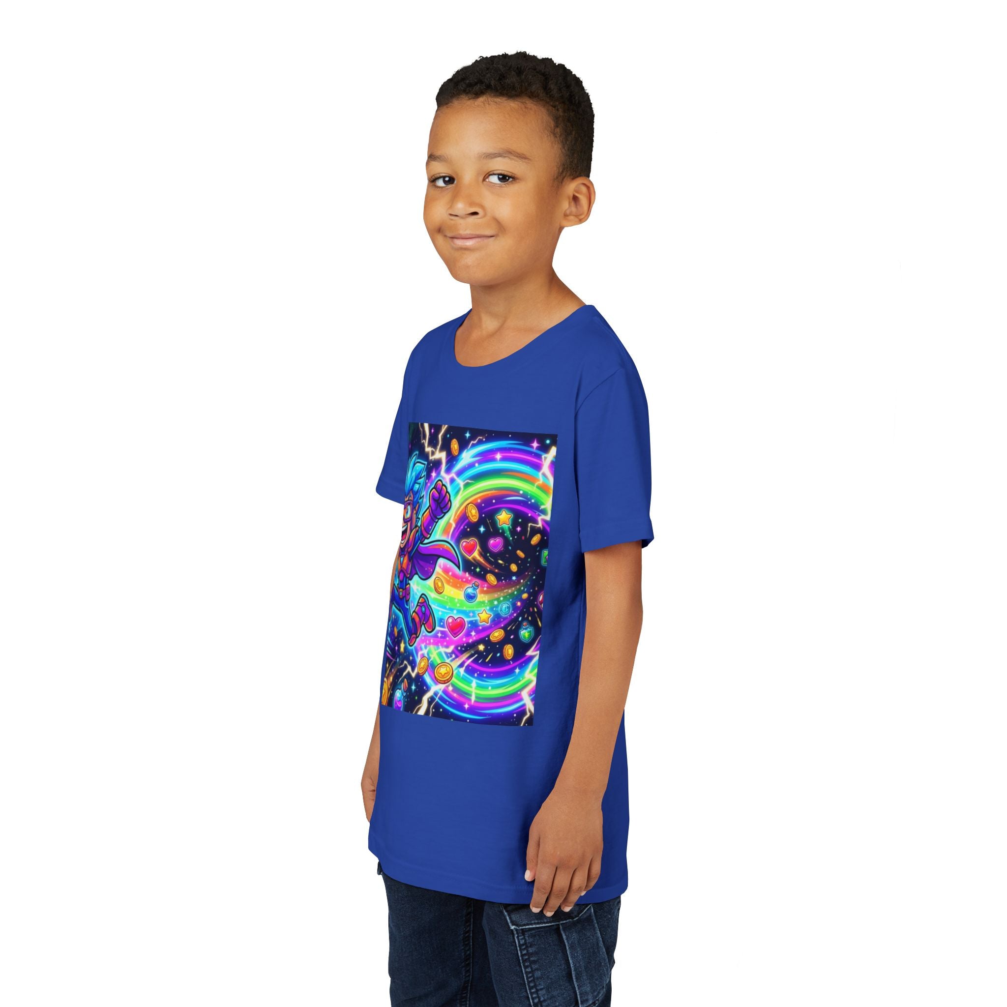 Retro Pixel Explosion Youth Tee — Smiling Avatar, Hearts, Gems & Controllers