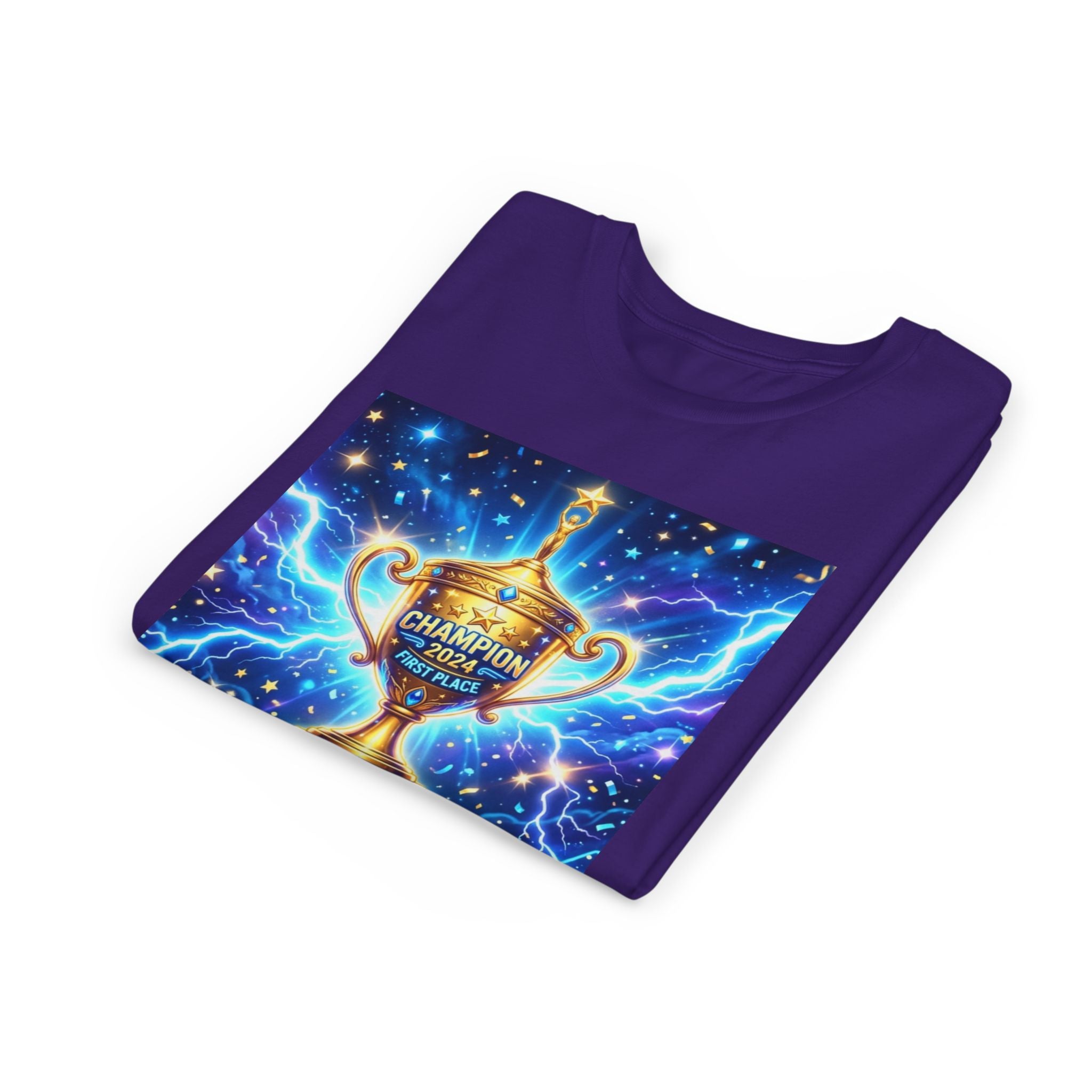 Youth Trophy Lightning Tee — Winning Kids' Short Sleeve Shirt with Stars & Confetti