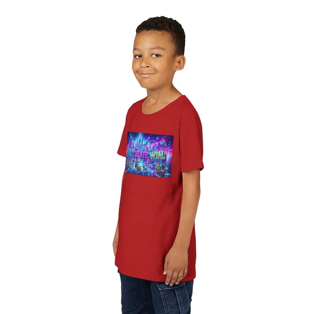 Youth Tee — “BUILD. CREATE. WIN.” Neon Builder City Design