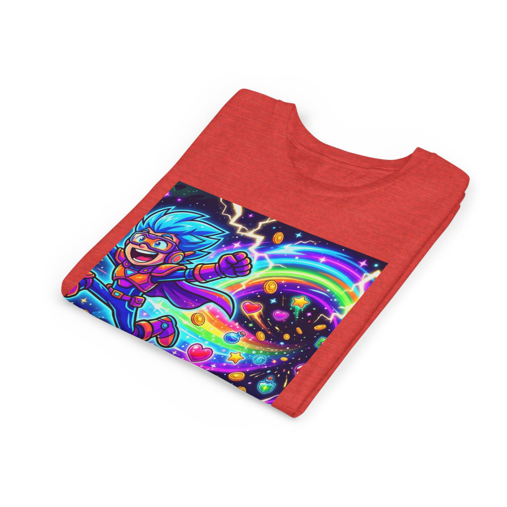 Retro Pixel Explosion Youth Tee — Smiling Avatar, Hearts, Gems & Controllers