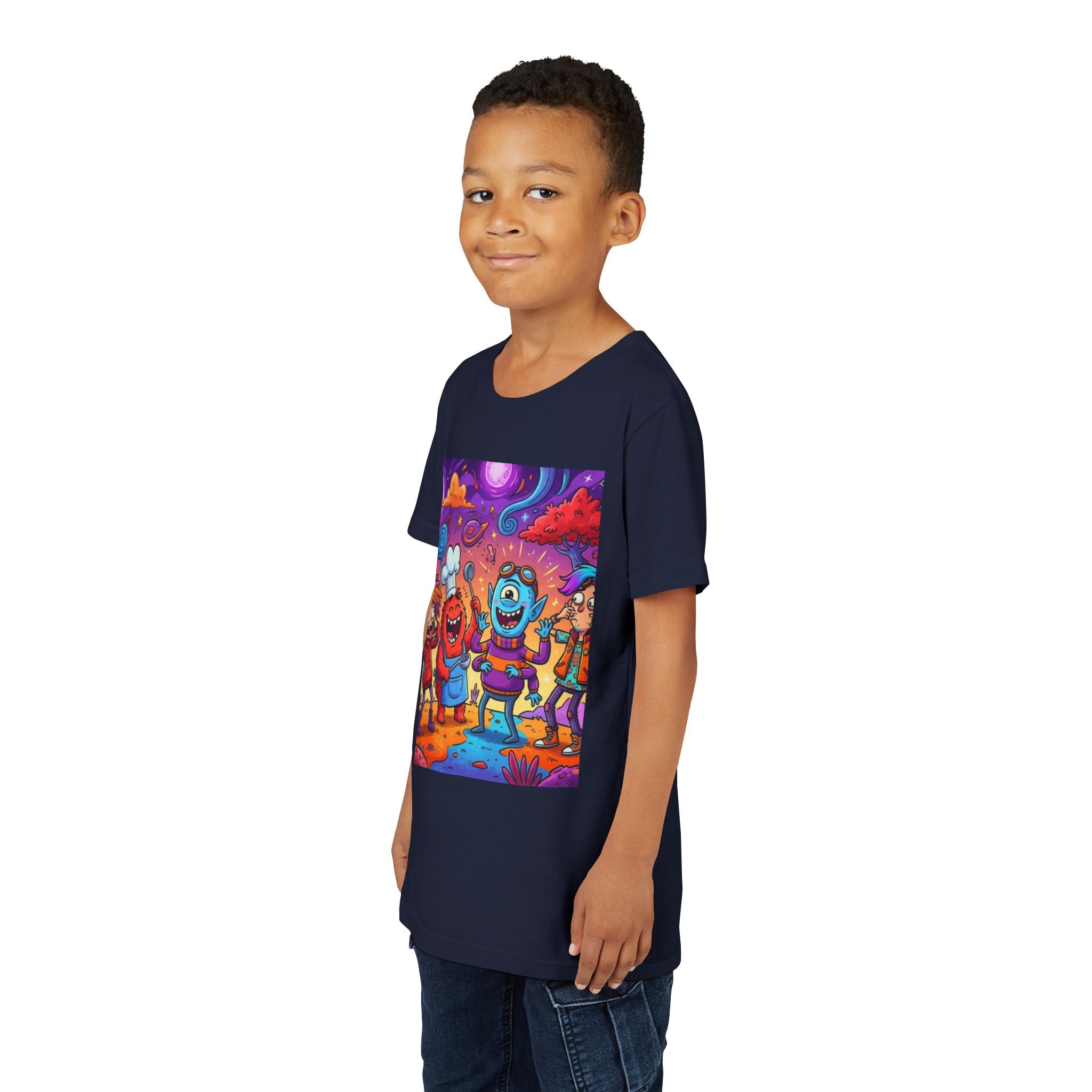 Funny Character Crew Youth Tee — Colorful Crazy Faces Graphic