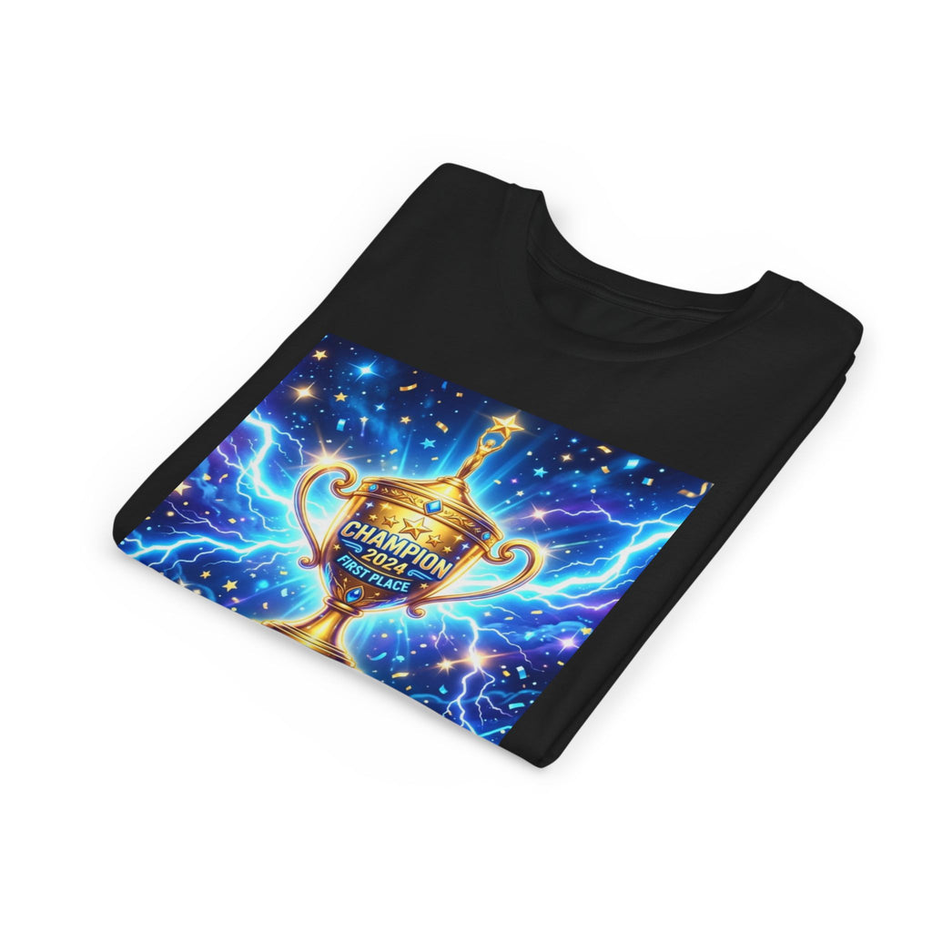 Youth Trophy Lightning Tee — Winning Kids' Short Sleeve Shirt with Stars & Confetti