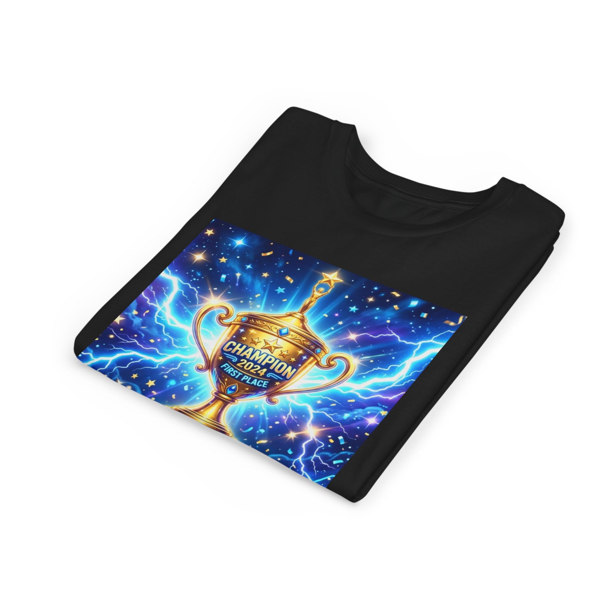 Youth Trophy Lightning Tee — Winning Kids' Short Sleeve Shirt with Stars & Confetti