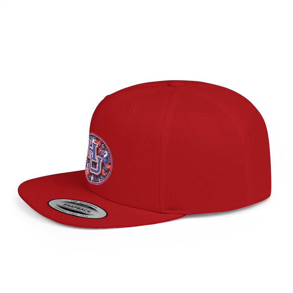 HU Logo Flat Bill Snapback Hat — Red & Blue Sequin Patch Cap