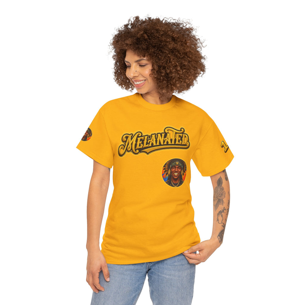 Melanated 19 Graphic Tee — Retro Script Logo & Gold Number Baseball Shirt