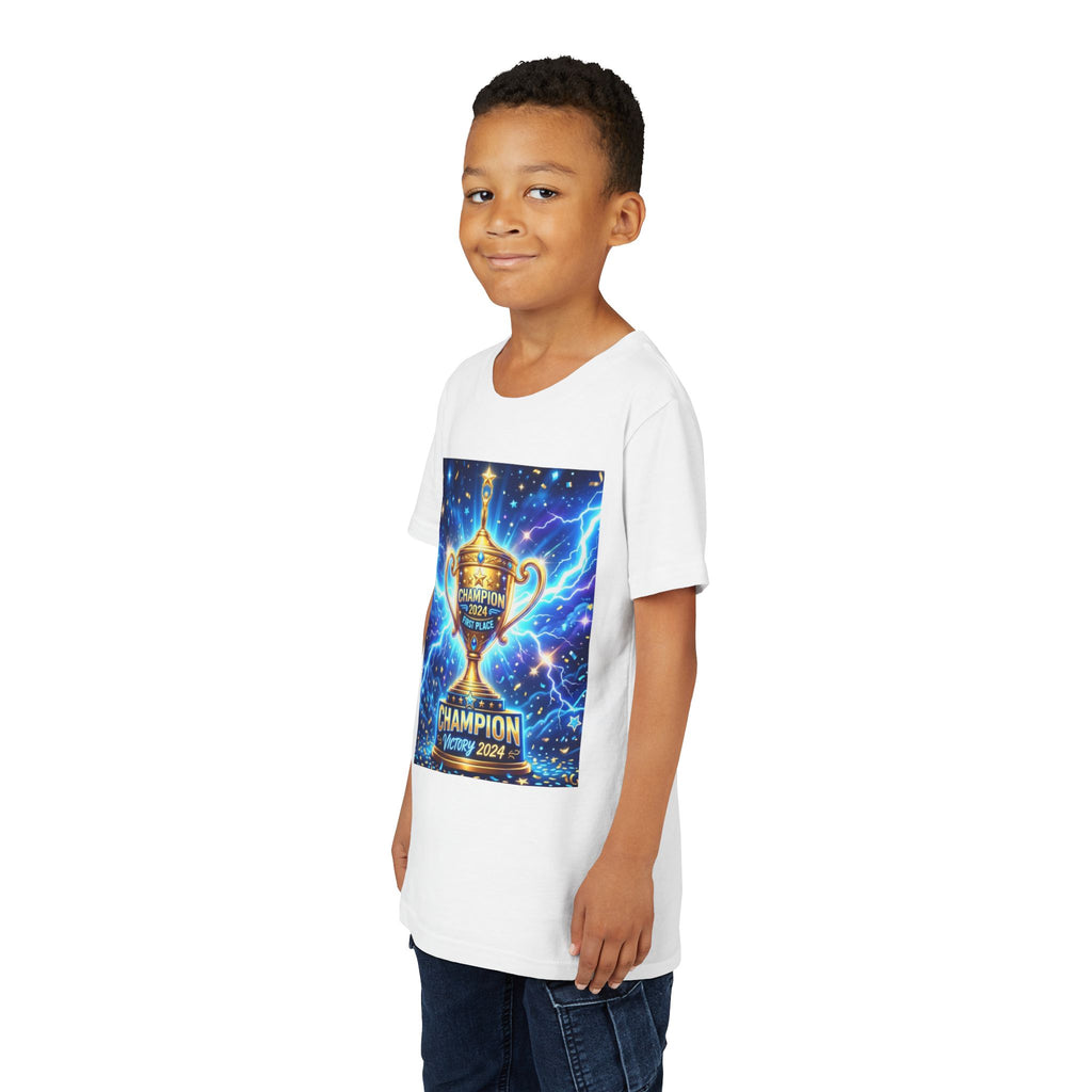Youth Trophy Lightning Tee — Winning Kids' Short Sleeve Shirt with Stars & Confetti