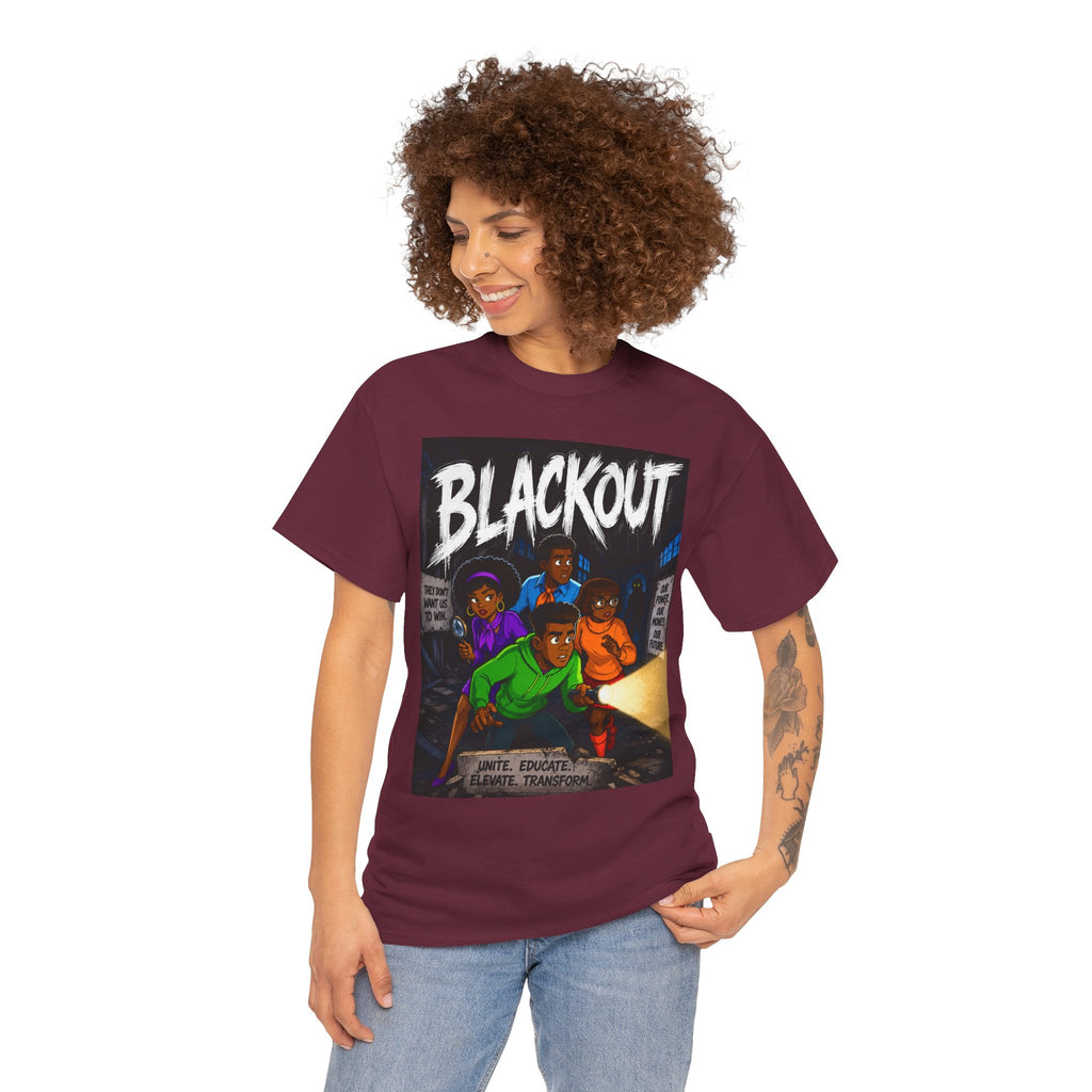 Blackout Graphic Tee — Urban Comic Poster Design with Back Fist Logo