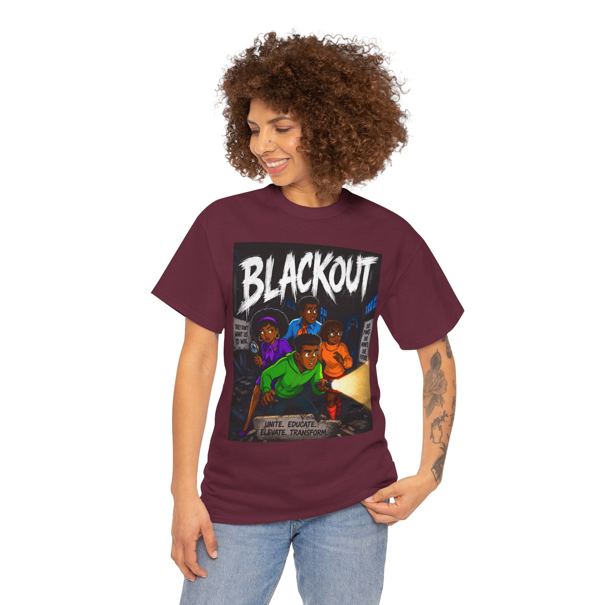 Blackout Graphic Tee — Urban Comic Poster Design with Back Fist Logo