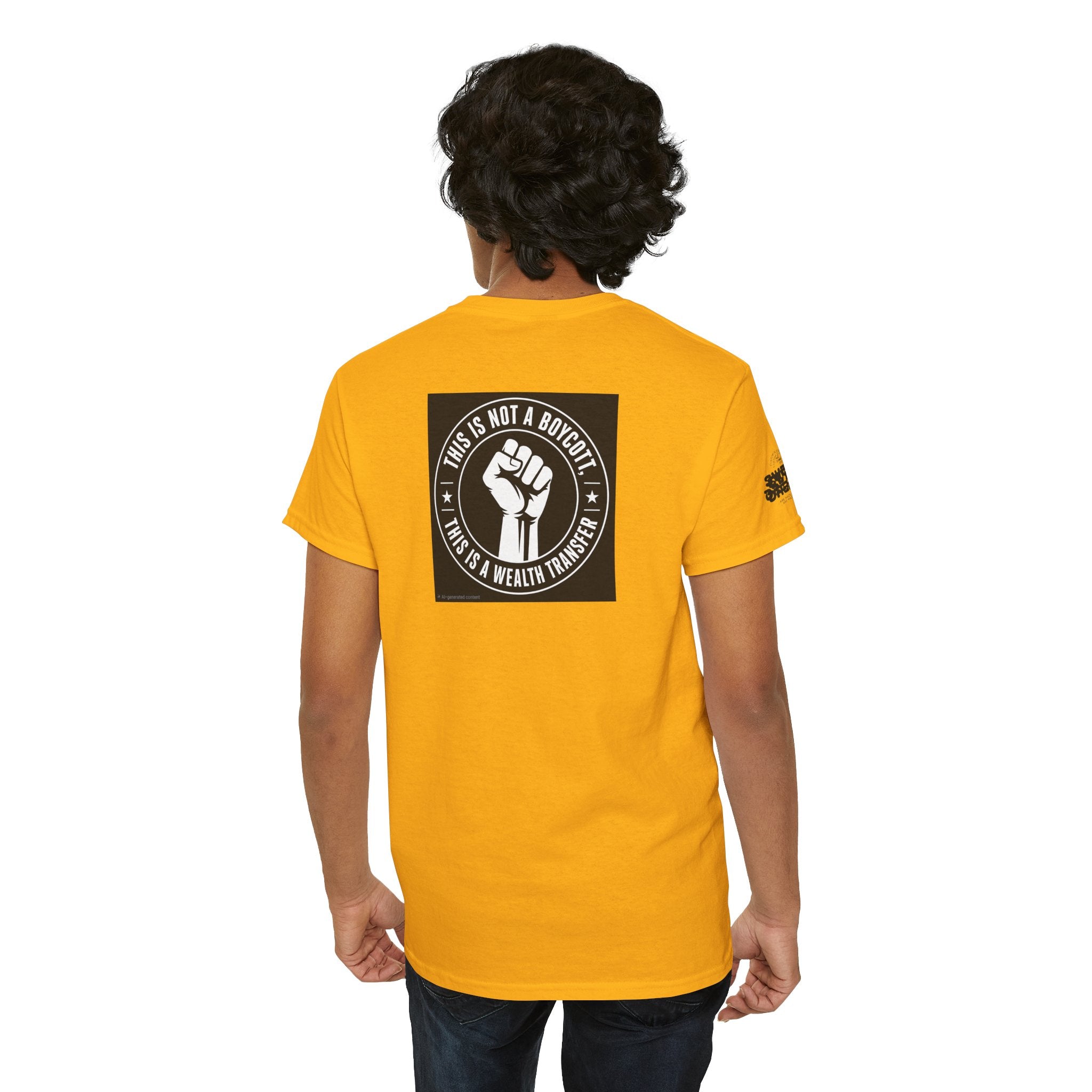 Graphic Tee — 'This Is Not A Boycott, This Is A Wealth Transfer' Back Print with Reading Child Artwork