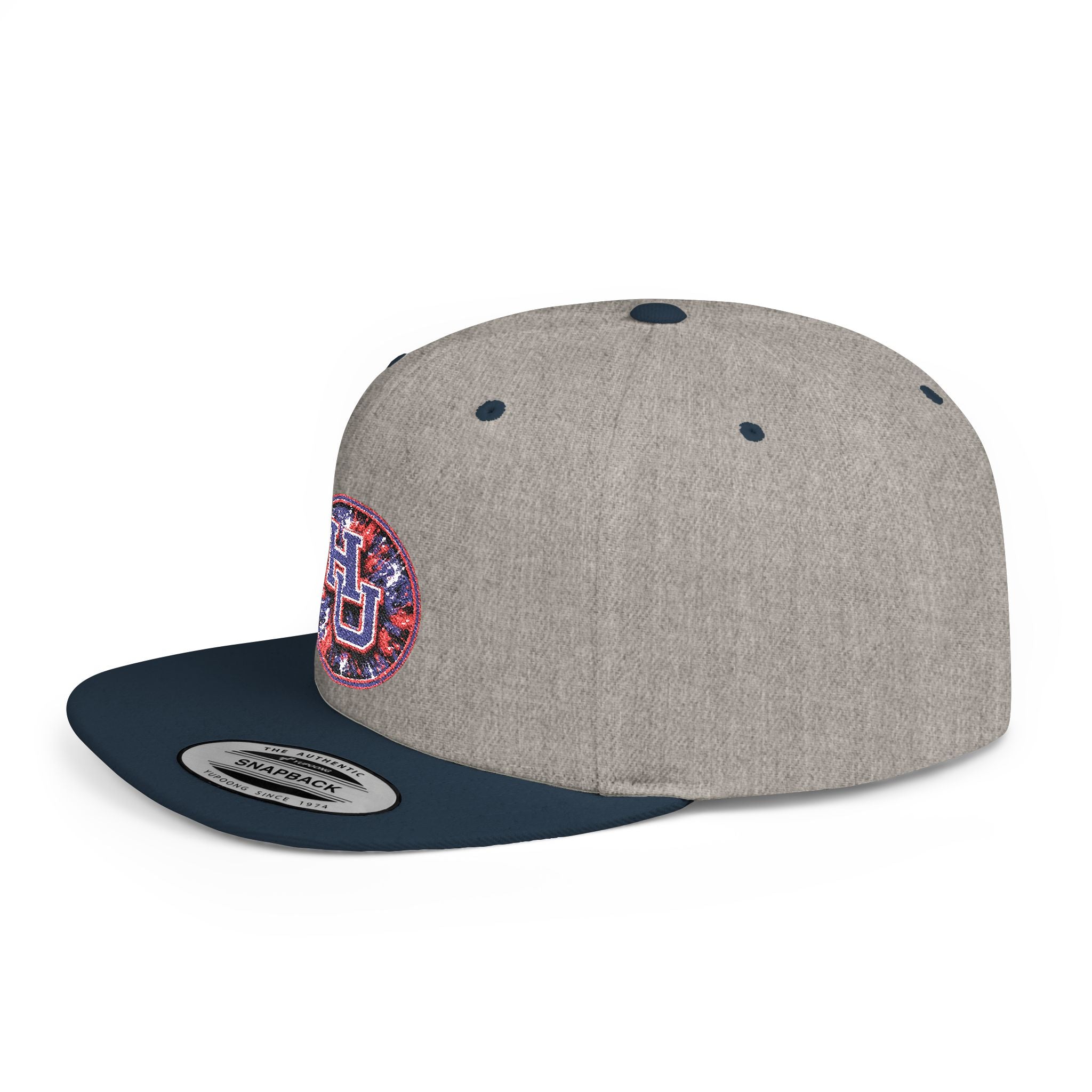 HU Logo Flat Bill Snapback Hat — Red & Blue Sequin Patch Cap