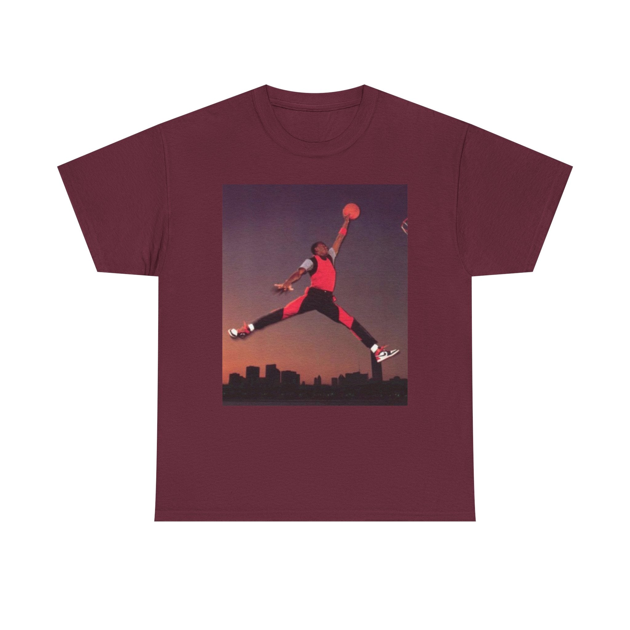 Basketball Jumpman Tee — Retro Skyline Graphic T-Shirt with Red Fist Back Emblem