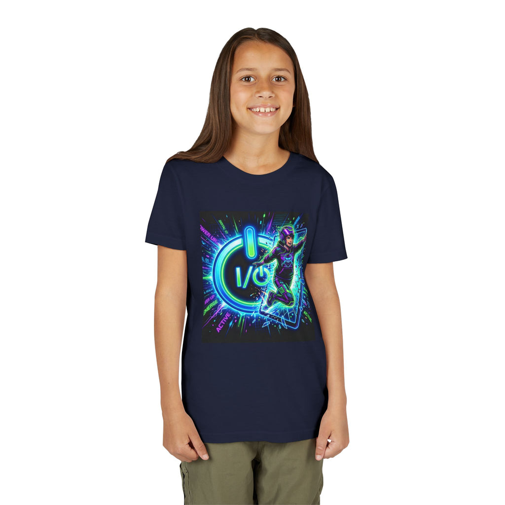 Neon Power Button Tee — Gamer Screen Escape Youth T-Shirt