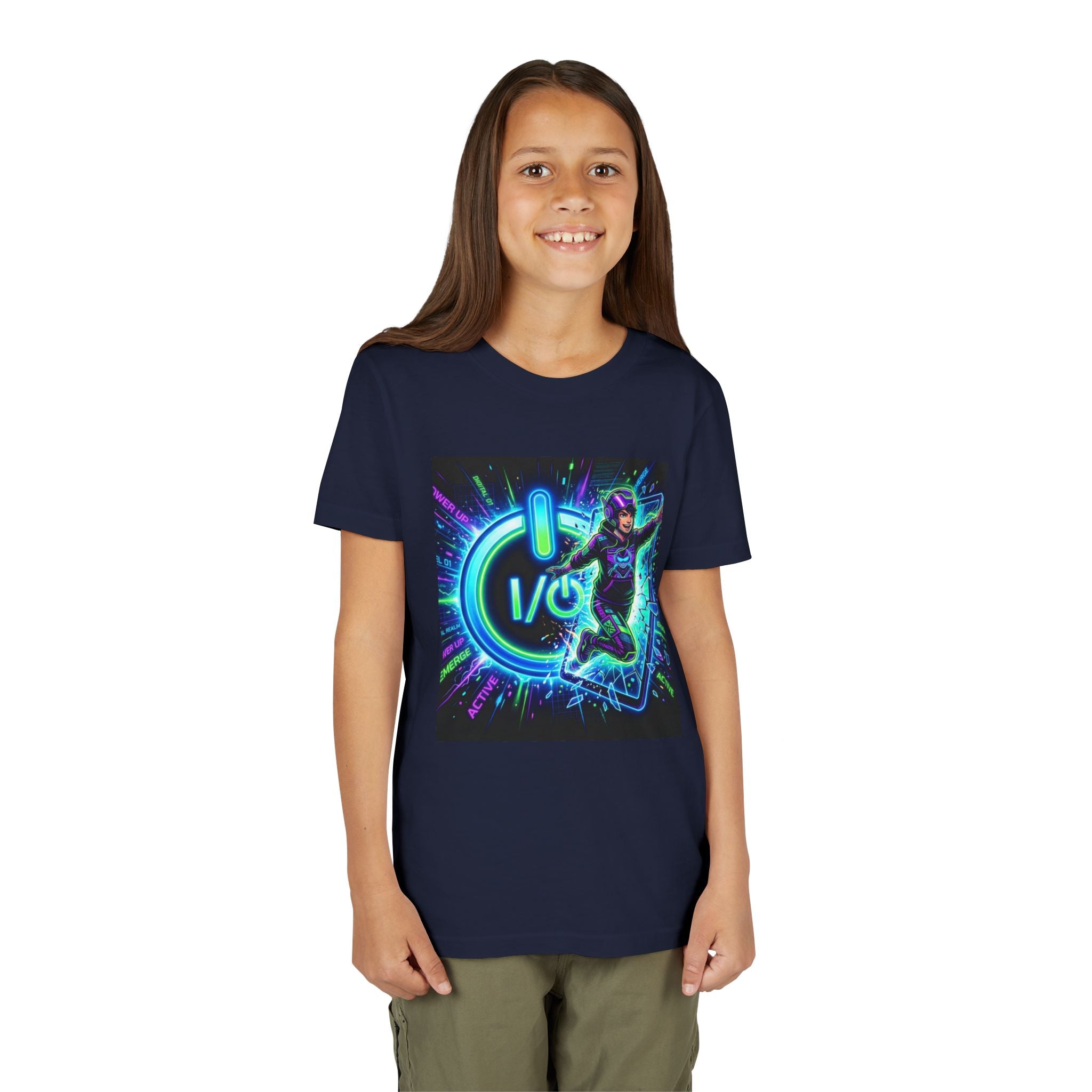 Neon Power Button Tee — Gamer Screen Escape Youth T-Shirt