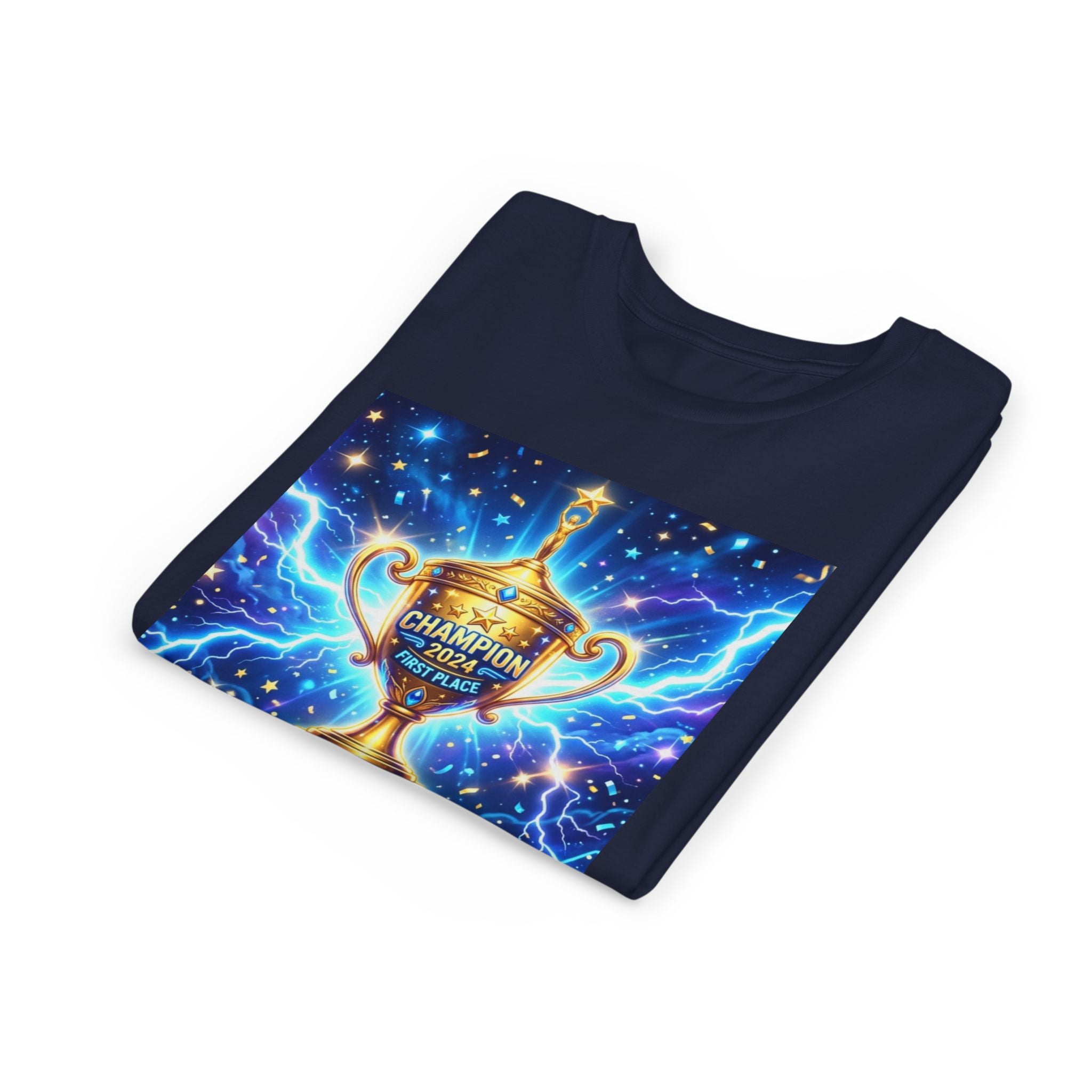 Youth Trophy Lightning Tee — Winning Kids' Short Sleeve Shirt with Stars & Confetti