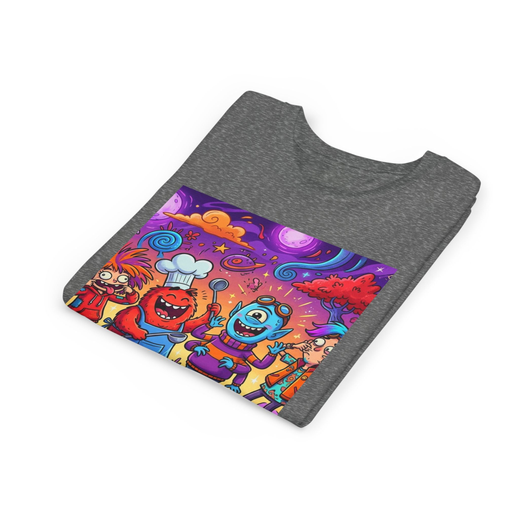 Funny Character Crew Youth Tee — Colorful Crazy Faces Graphic
