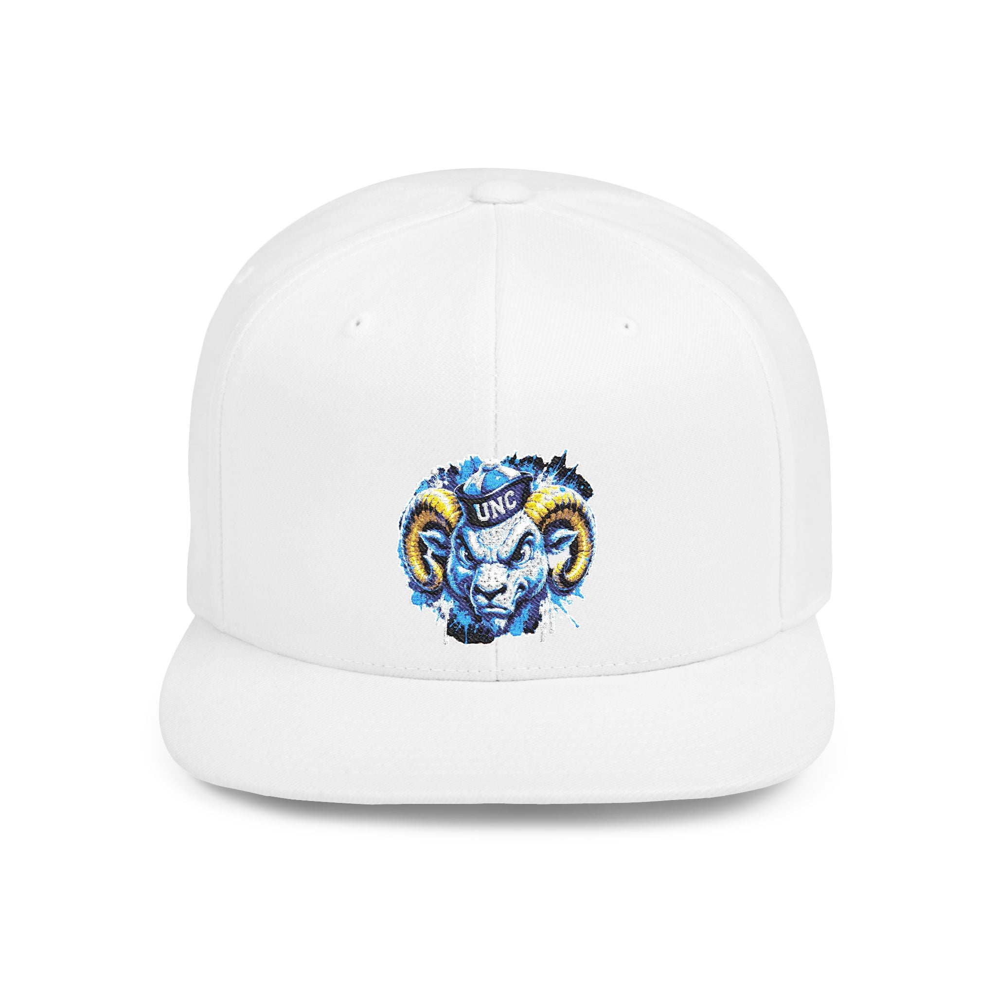 Ram Head Snapback Hat — Blue & Gold Embroidered Flat-Bill Cap
