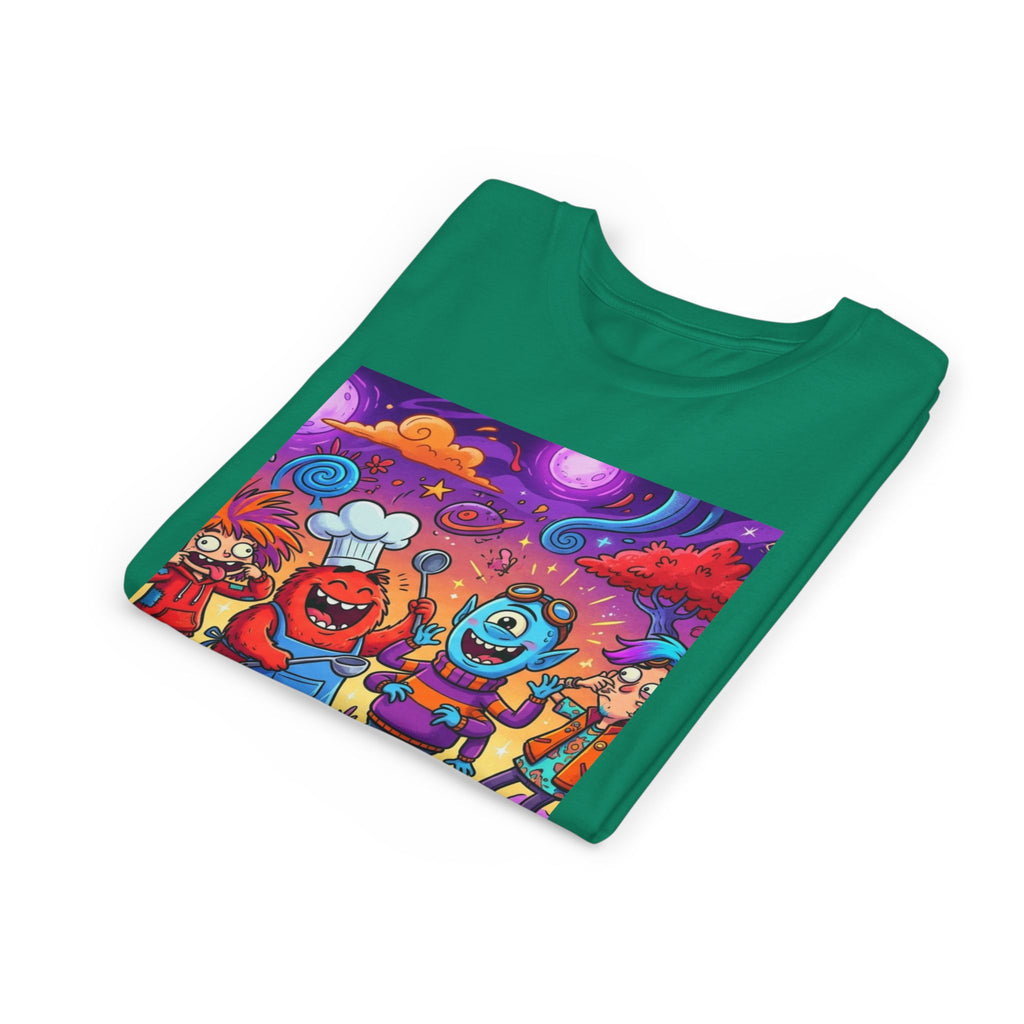 Funny Character Crew Youth Tee — Colorful Crazy Faces Graphic