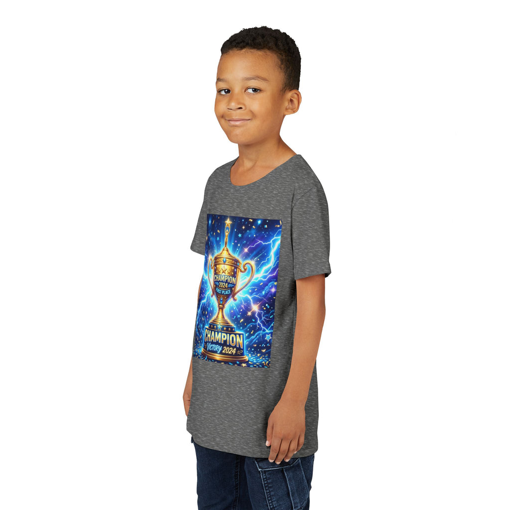 Youth Trophy Lightning Tee — Winning Kids' Short Sleeve Shirt with Stars & Confetti