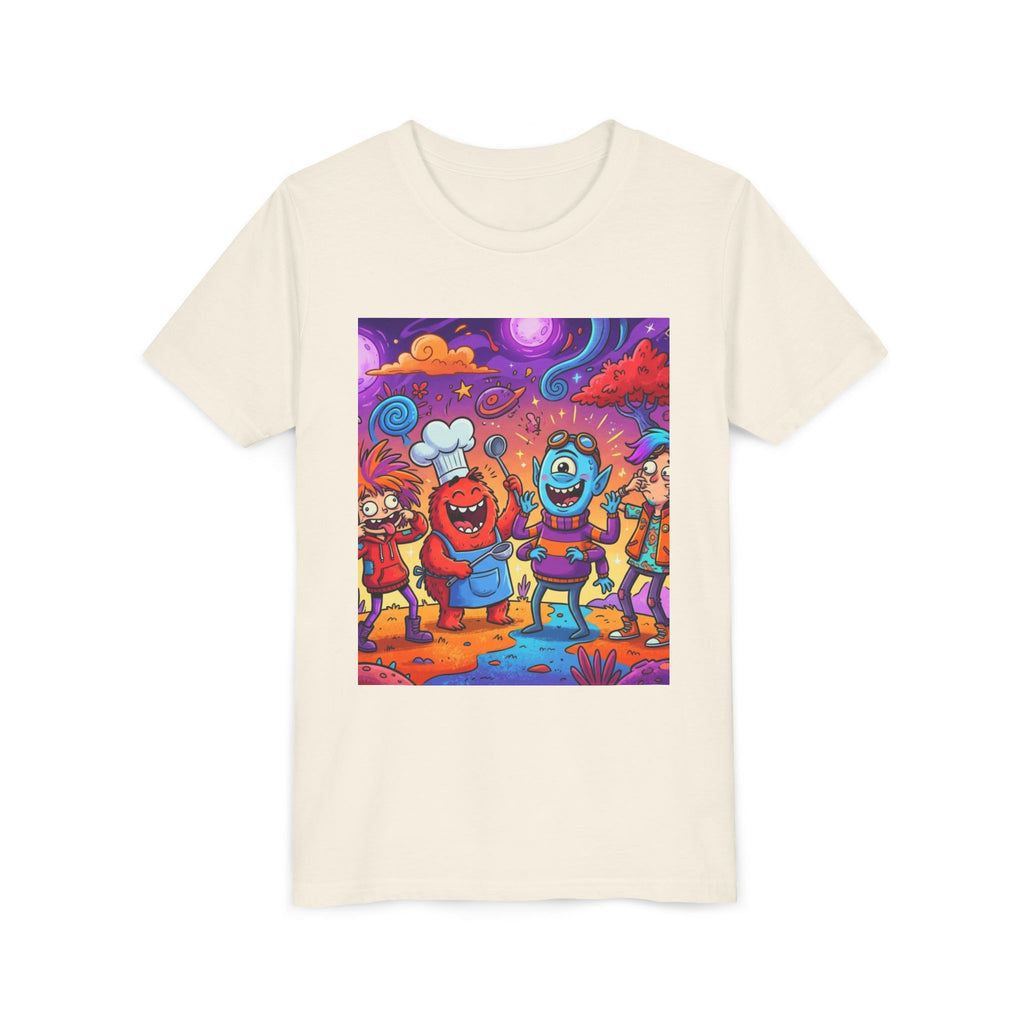 Funny Character Crew Youth Tee — Colorful Crazy Faces Graphic