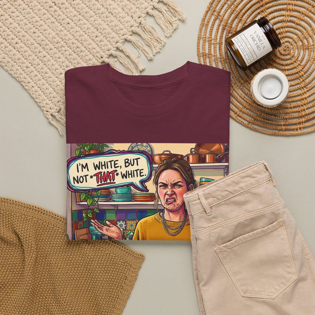 Graphic Tee — "I'm White, But Not THAT White" Illustration with Back Raised Fist Logo