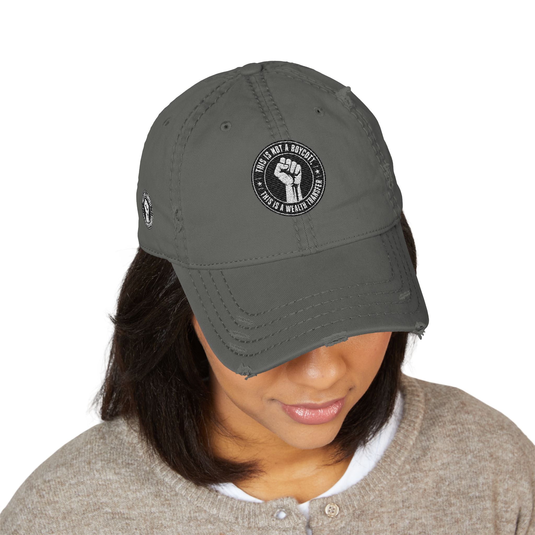 Distressed Embroidered Dad Hat — Raised Fist Emblem, “In Every Lifetime” Back Tag