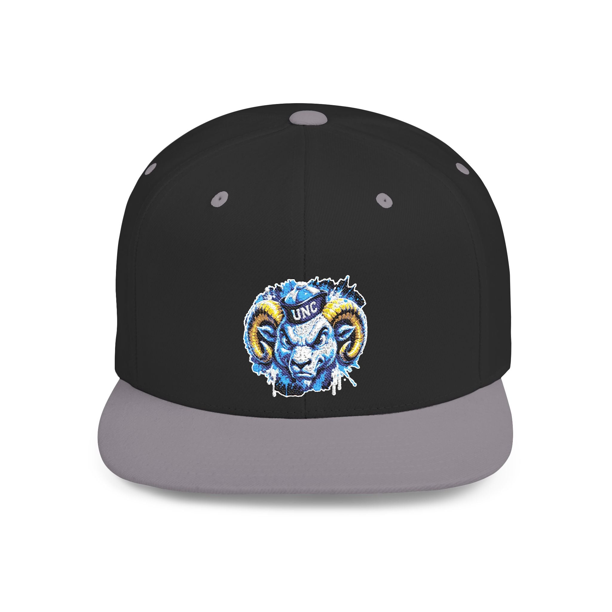 Ram Head Snapback Hat — Blue & Gold Embroidered Flat-Bill Cap