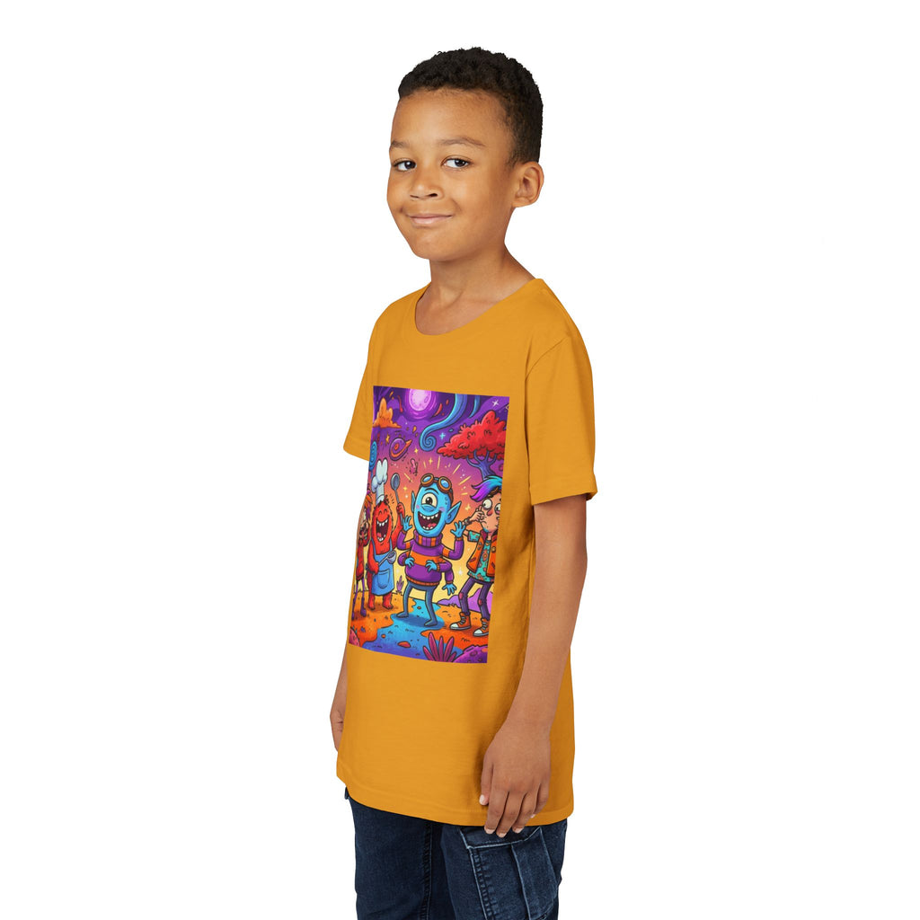 Funny Character Crew Youth Tee — Colorful Crazy Faces Graphic