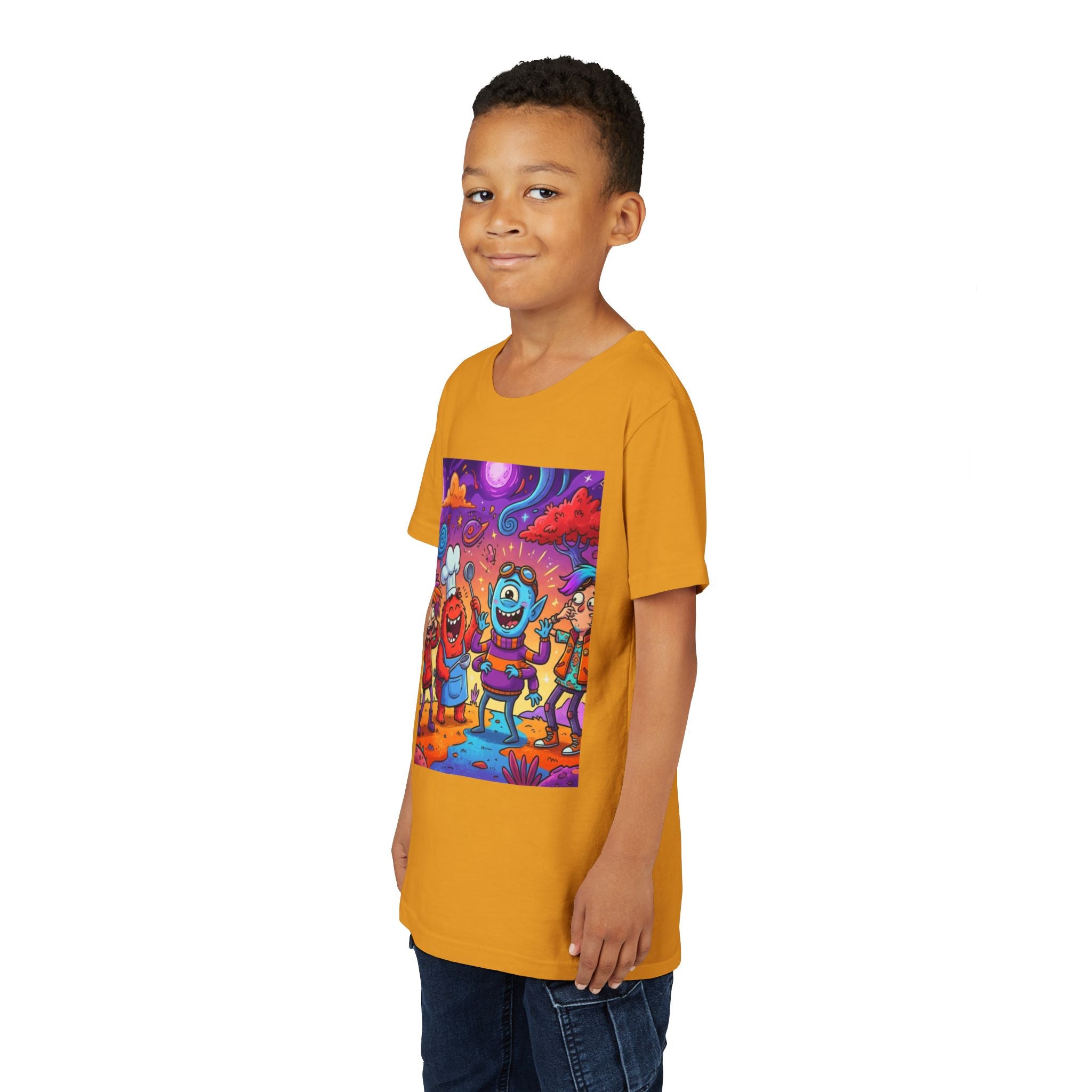 Funny Character Crew Youth Tee — Colorful Crazy Faces Graphic