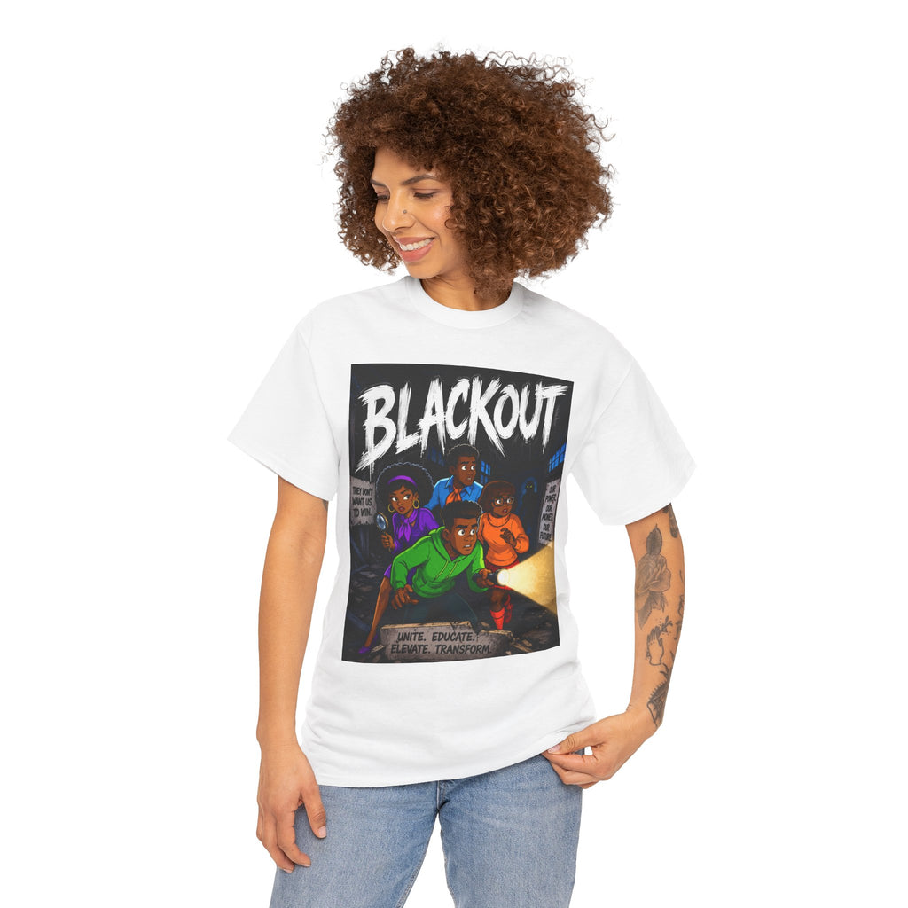 Blackout Graphic Tee — Urban Comic Poster Design with Back Fist Logo