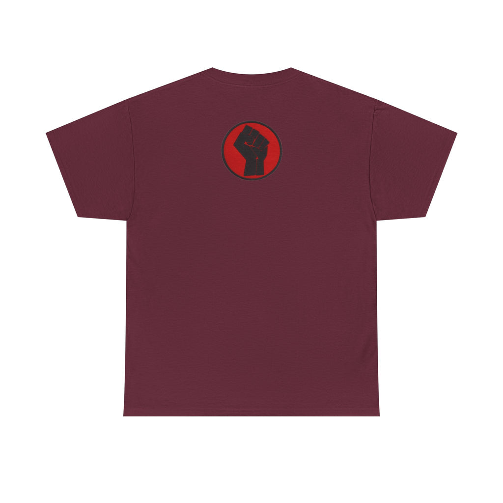 Basketball Jumpman Tee — Retro Skyline Graphic T-Shirt with Red Fist Back Emblem