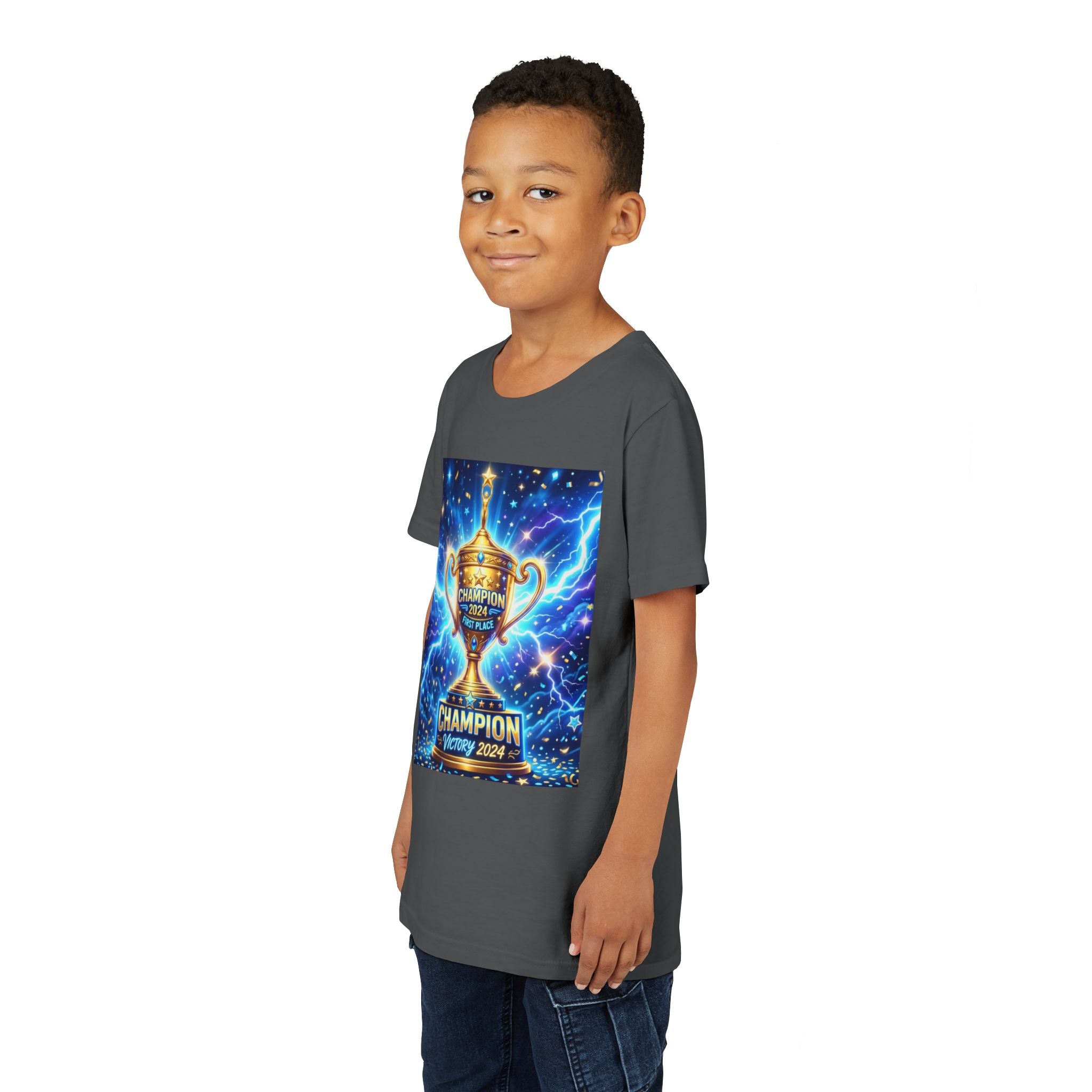 Youth Trophy Lightning Tee — Winning Kids' Short Sleeve Shirt with Stars & Confetti