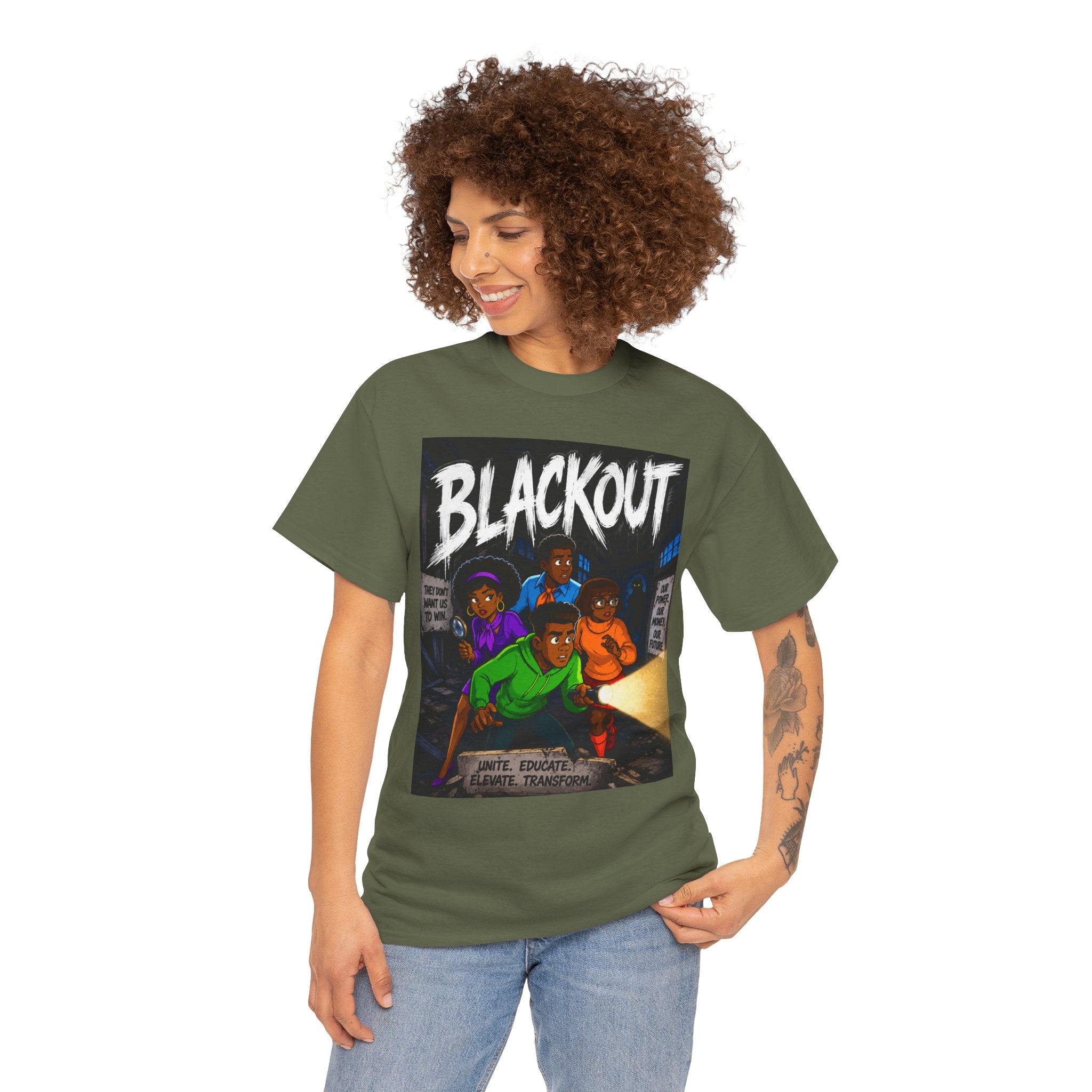 Blackout Graphic Tee — Urban Comic Poster Design with Back Fist Logo