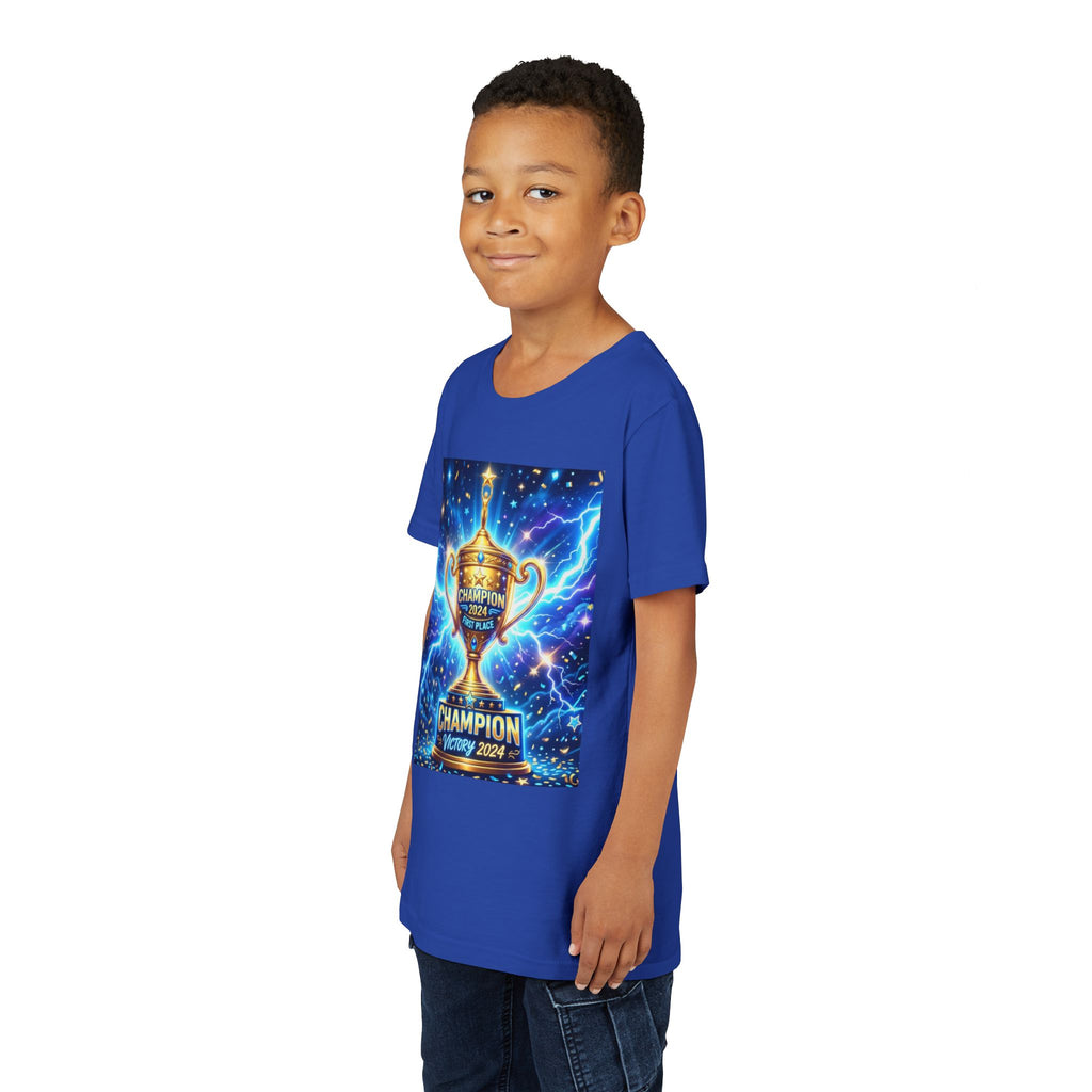 Youth Trophy Lightning Tee — Winning Kids' Short Sleeve Shirt with Stars & Confetti